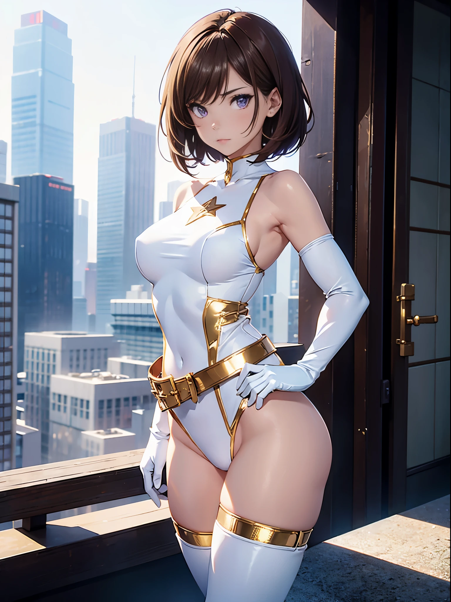 1girl, medium breasts, leotard, white and red leotard, bare legs, tight belt, gold belt, boots, matching boots, ankle boots, white boots, gloves, white glove, city backdrop, tokyo city backdrop, solo, single, hands on hip, standing, full body shot, cowboy shot, superhero, beautiful detailed eyes, mature lady, gold star symbol on chest, brown hair, short hair, bob hair, purple eyes, sleeveless, perfect anatomy, masterpiece