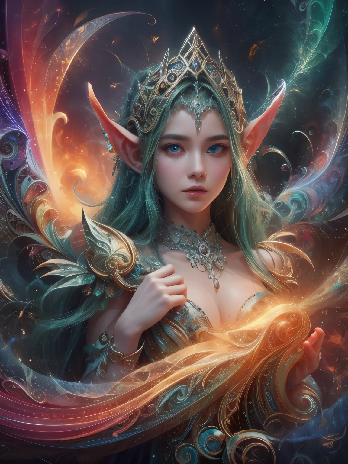 (Best quality, 4k, High-resolution, Masterpiece:1.2), Ultra-detailed, Realistic, Radiant lighting, Epoch Elves, Portraits, Fantastical colors, Fine art, Ethereal beings, Dreamlike, Whimsical creatures, Detailed facial features, Glowing eyes, Elven beauties, Ethereal glow, Mythical creatures, Harmonious composition, Dazzling colors, Stunning visual effects, Otherworldly appearance, Mesmerizing artistry, 