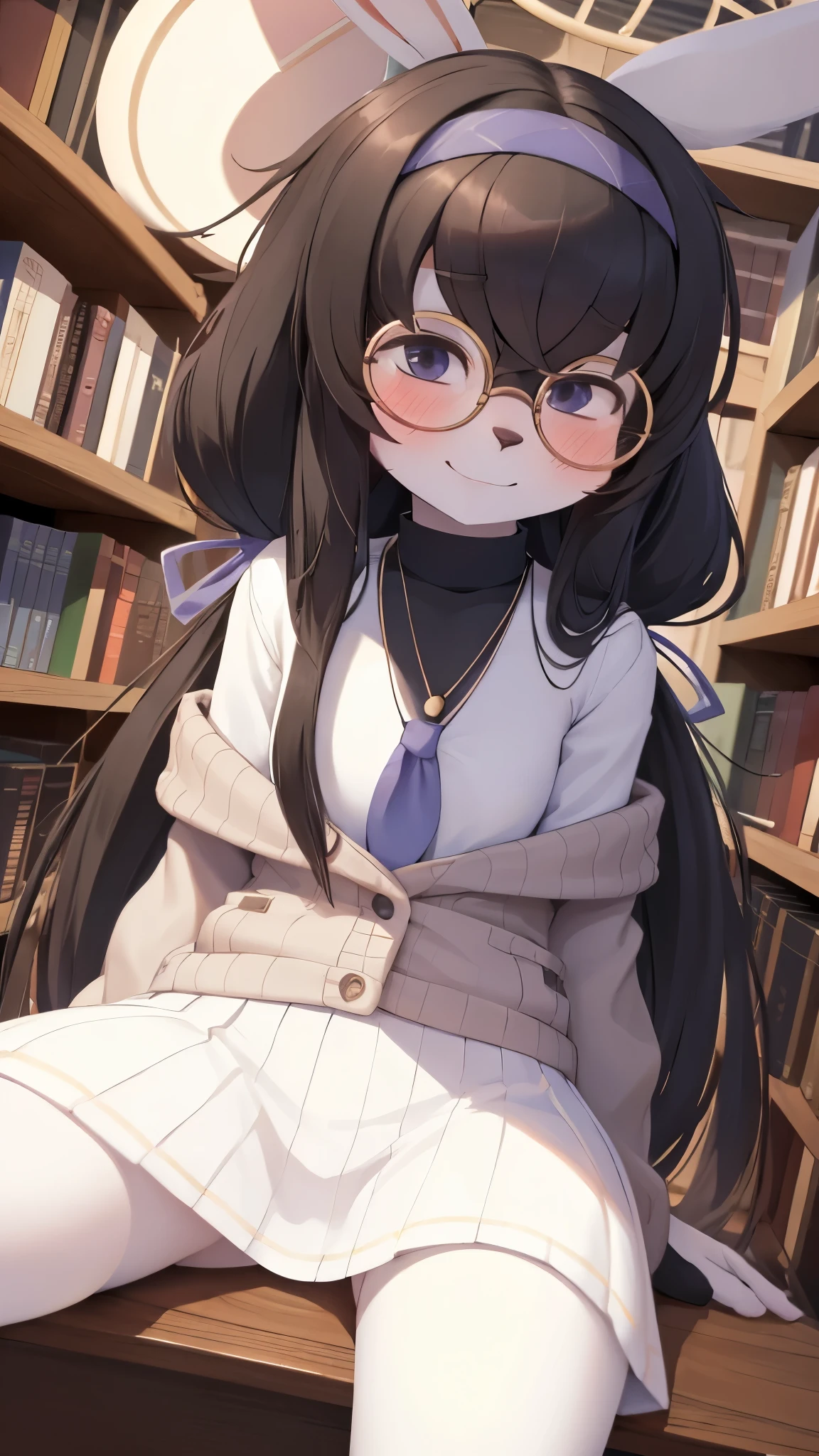 best quality,best resolution,(young :1.3),rabbit furry girl,white rabbit ears,white fur,black long hair,white fluffy rabbit tail,very big round glasses,library,looking at viewer,shy face,full face blush,upper body only,sit on table,smile,spread legs,low angle