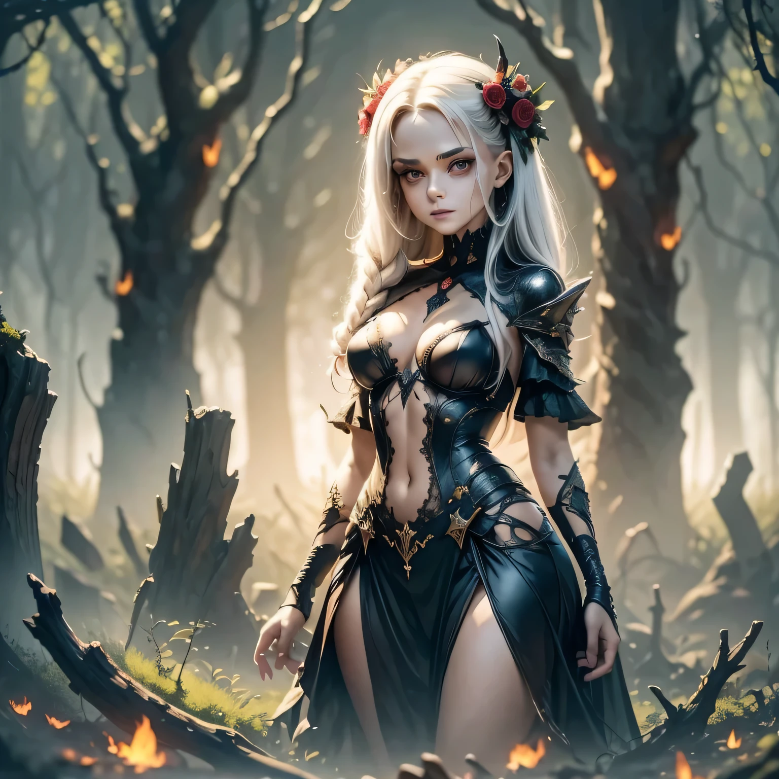 Describe a character: A necromancer stands in the center of the image. She has a dark appearance with bright eyes and a face that displays a mixture of sensuality and demonic expression. Her skin is pale and dead. Question: Describe a dark-looking necromancer with glowing eyes, a sensual, demonic face, and pale, dead skin. Describe the environment: The necromancer is surrounded by a macabre and terrifying landscape, with dismembered and decaying bodies rising from the earth and coming back to life at her command. The atmosphere is full of dark magic effects, distorting the environment and creating a frightening and sinister scene. Question: Describe a terrifying and macabre landscape with rotting, dismembered bodies rising from the earth and dark magic effects that create a frightening and sinister scene. Describe the rendering and focus: Final artwork should not be based on a specific photograph, but should look realistic. The image must be rendered using CGI with Unreal Engine and have a soft focus effect. Query: Describe how to render final artwork using CGI with Unreal Engine and a soft focus effect, while ensuring it looks realistic and is not based on a specific photograph. Describe the composition: The composition must include elements of unity, wallpaper and official art. The final image must present fine details, extreme delicacy and beauty, with sharp focus and a high level of detail. Query: Describe the composition that includes elements of unity, wallpaper and official art, and features fine details, extreme delicacy and beauty, with sharp focus and a high level of detail.