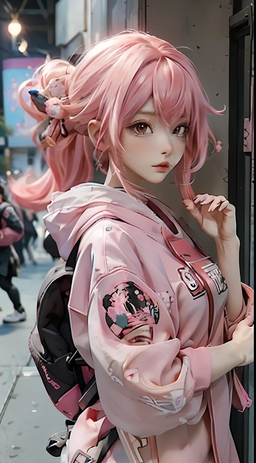 anime girl with pink hair with a backpack, she is wearing streetwear, with pink hair, portrait of jossi of blackpink, ulzzang, ((pink)), jossi of blackpink, lalisa manoban of blackpink, wearing cyberpunk streetwear, japanese streetwear, with long hair, anime girl in real life, casual pose, pink girl
