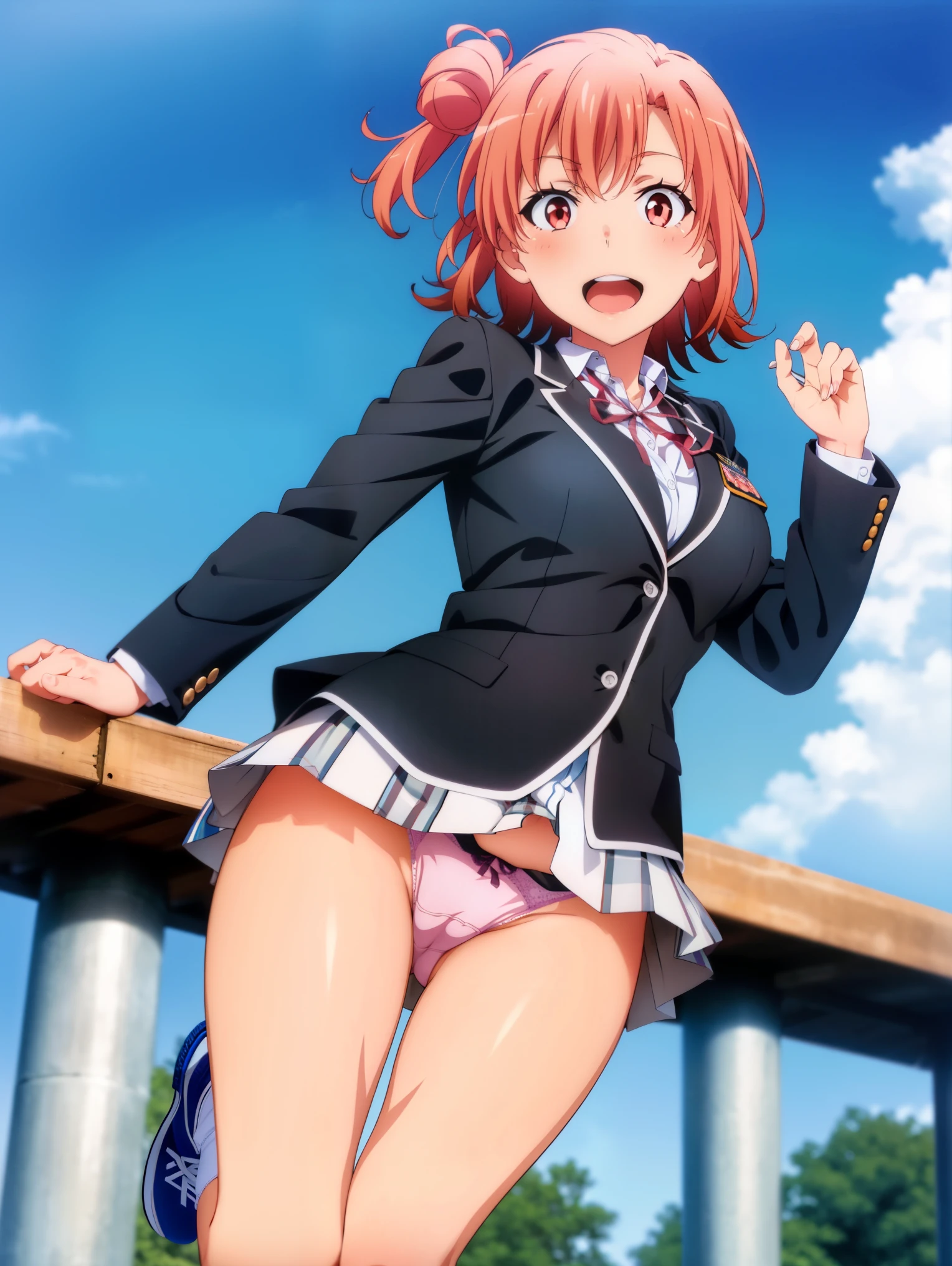 1 girl,playground,(Yuigahama Yui),,jump,open mouth smile,(whole body:1,0),Wearing sneakers,uniform,black blazer,shirt,red ribbon,check skirt,socks,(Pussy camel.0),(Pink Lace Panties),