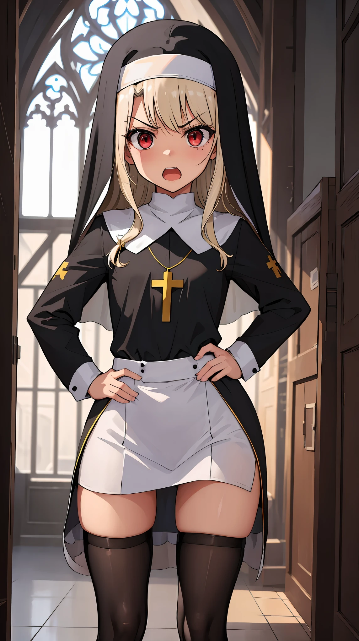 masterpiece, best quality, hyper detailed,(Pointing at you) hand on hip,solo,1girl,(illyasviel von einzbern),li,toler,peticute face,infant,cream hair,red eyes,small breasts,(((angry))),open_mouth,(nun:1.4),white thighhigh,cross necklace,indoor,(cathedral background),