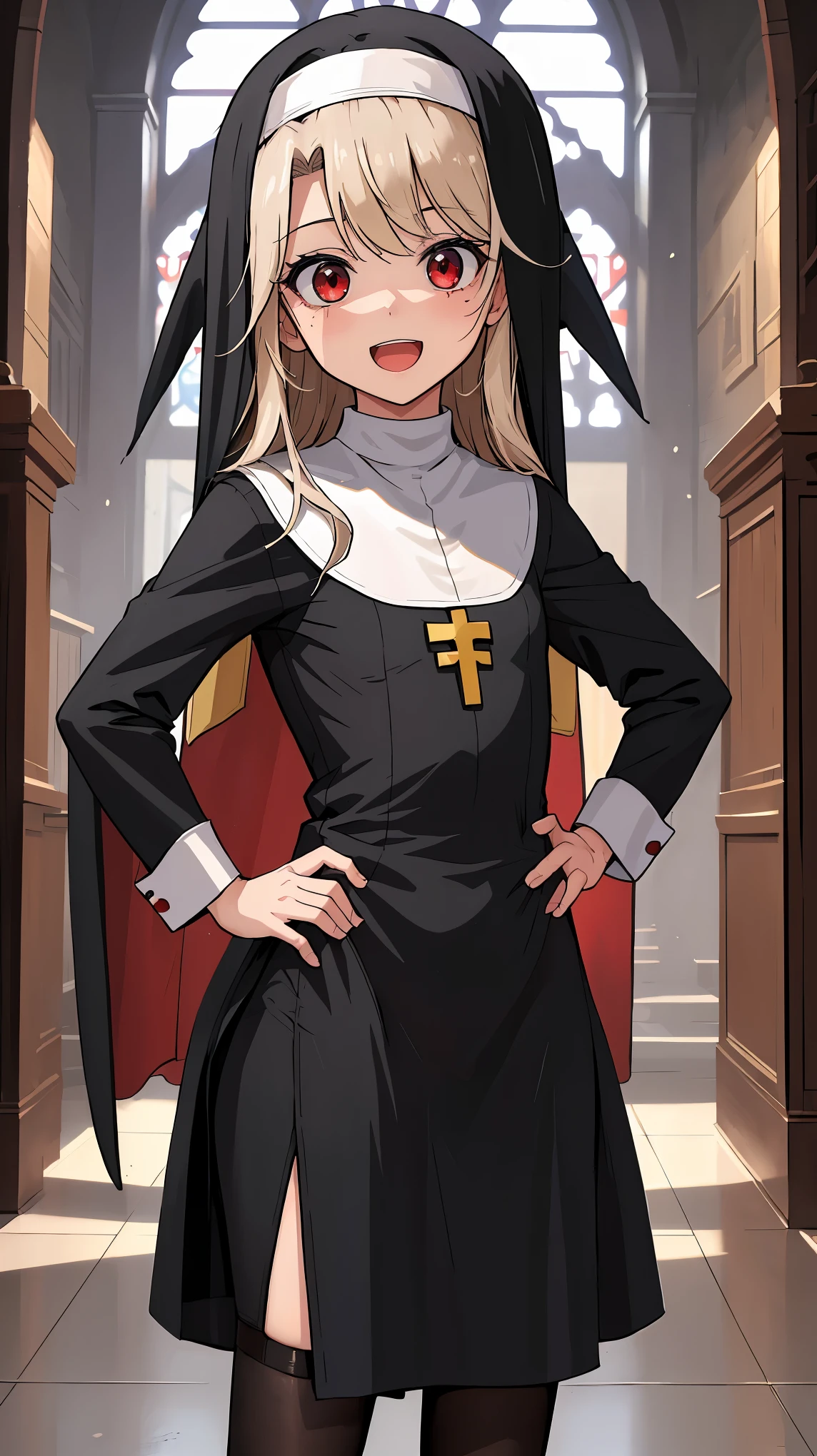 masterpiece, best quality, hyper detailed,((Pointing at you)) hand on hip,solo,1girl,(illyasviel von einzbern),****,toddler,petite,cute face,infant,cream hair,red eyes,small breasts,(((happy))),open_mouth,(nun:1.4),white thighhigh,cross necklace,indoor,(cathedral background),