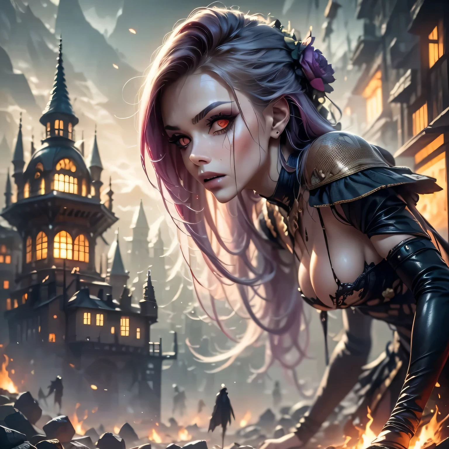 Describe a character: A necromancer stands in the center of the image. She has a dark appearance with bright eyes and a face that displays a mixture of sensuality and demonic expression. Her skin is pale and dead. Question: Describe a dark-looking necromancer with glowing eyes, a sensual, demonic face, and pale, dead skin. Describe the environment: The necromancer is surrounded by a macabre and terrifying landscape, with dismembered and decaying bodies rising from the earth and coming back to life at her command. The atmosphere is full of dark magic effects, distorting the environment and creating a frightening and sinister scene. Question: Describe a terrifying and macabre landscape with rotting, dismembered bodies rising from the earth and dark magic effects that create a frightening and sinister scene. Describe the rendering and focus: Final artwork should not be based on a specific photograph, but should look realistic. The image must be rendered using CGI with Unreal Engine and have a soft focus effect. Query: Describe how to render final artwork using CGI with Unreal Engine and a soft focus effect, while ensuring it looks realistic and is not based on a specific photograph. Describe the composition: The composition must include elements of unity, wallpaper and official art. The final image must present fine details, extreme delicacy and beauty, with sharp focus and a high level of detail. Query: Describe the composition that includes elements of unity, wallpaper and official art, and features fine details, extreme delicacy and beauty, with sharp focus and a high level of detail.