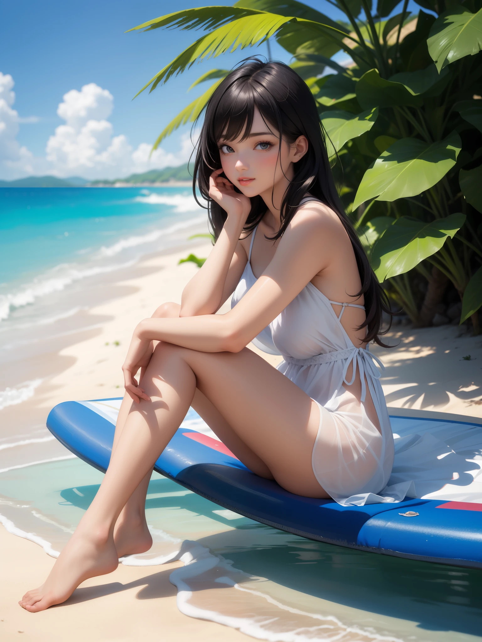 (best lighting, best shadow, masterpiece, high quality), rich and colorful, Lively, summer feeling, many bright colors, beautiful woman，Wear light summer clothes, loose hair, sitting on the beach，clear water，White beach, bright blue sky.