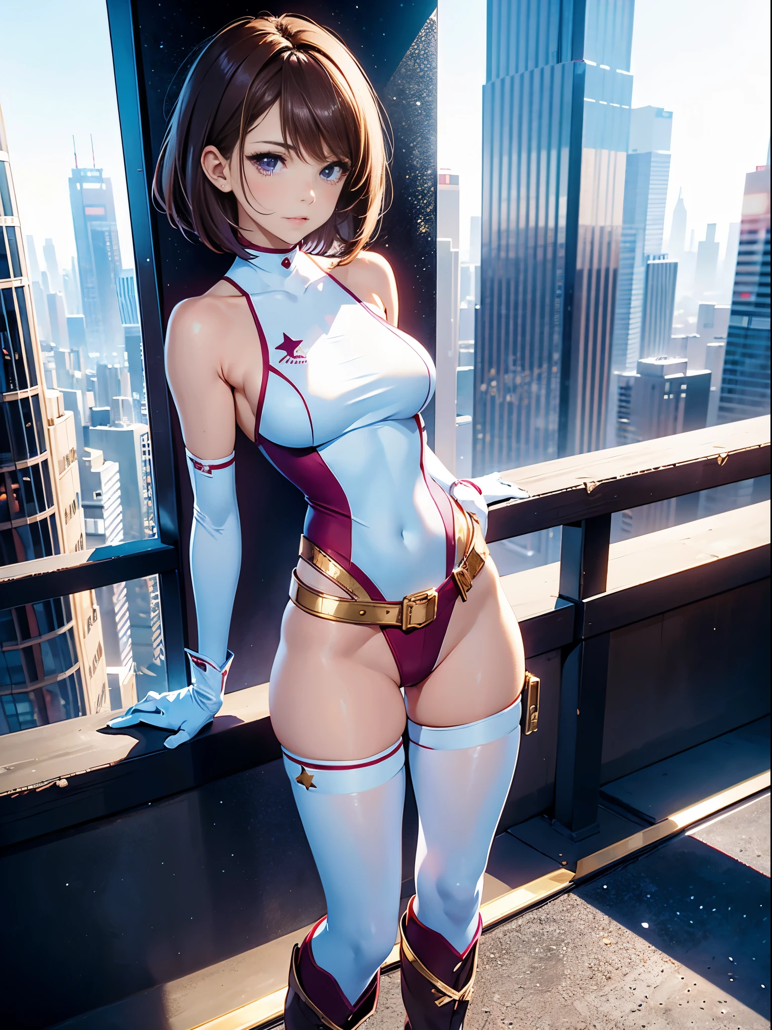1girl, medium breasts, leotard, white and red leotard, bare legs, tight belt, gold belt, boots, matching boots, ankle boots, white boots, gloves, white glove, city backdrop, tokyo city backdrop, solo, single, hands on hip, standing, full body shot, cowboy shot, superhero, beautiful detailed eyes, mature lady, gold star symbol on chest, brown hair, short hair, bob hair, purple eyes, sleeveless, perfect anatomy, masterpiece