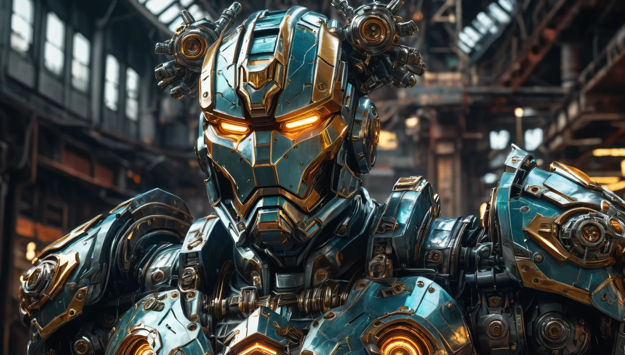 A towering mech warrior, armor plated with intricately etched metalwork, clenched fists crackling with energy, depicted in the dynamic Metalheart aesthetic of hard edges and industrial motifs. hyper realistic, 8k, vibrant colors, sharp crisp image