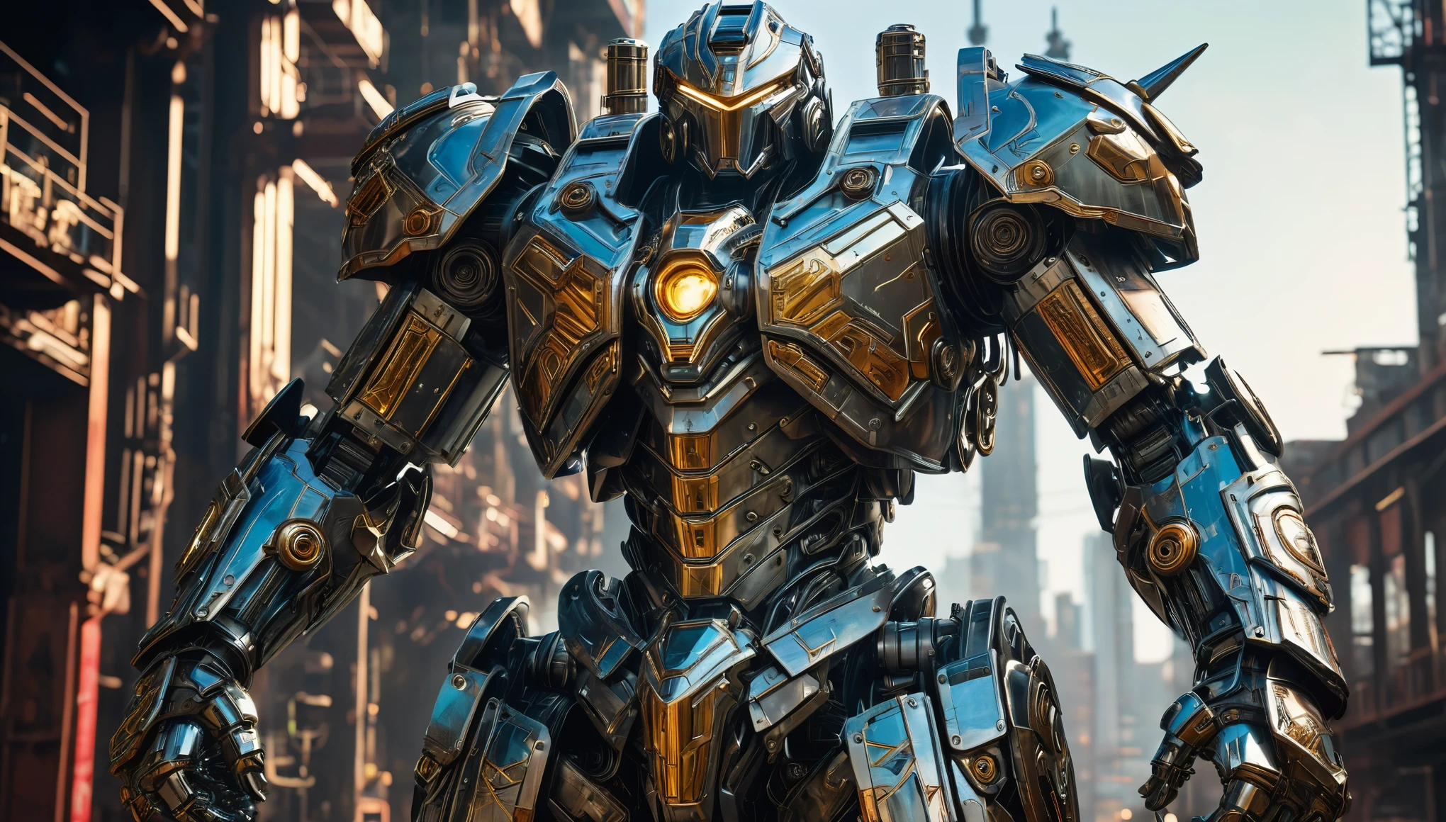 A towering mech warrior, armor plated with intricately etched metalwork, clenched fists crackling with energy, depicted in the dynamic Metalheart aesthetic of hard edges and industrial motifs. hyper realistic, 8k, vibrant colors, sharp crisp image