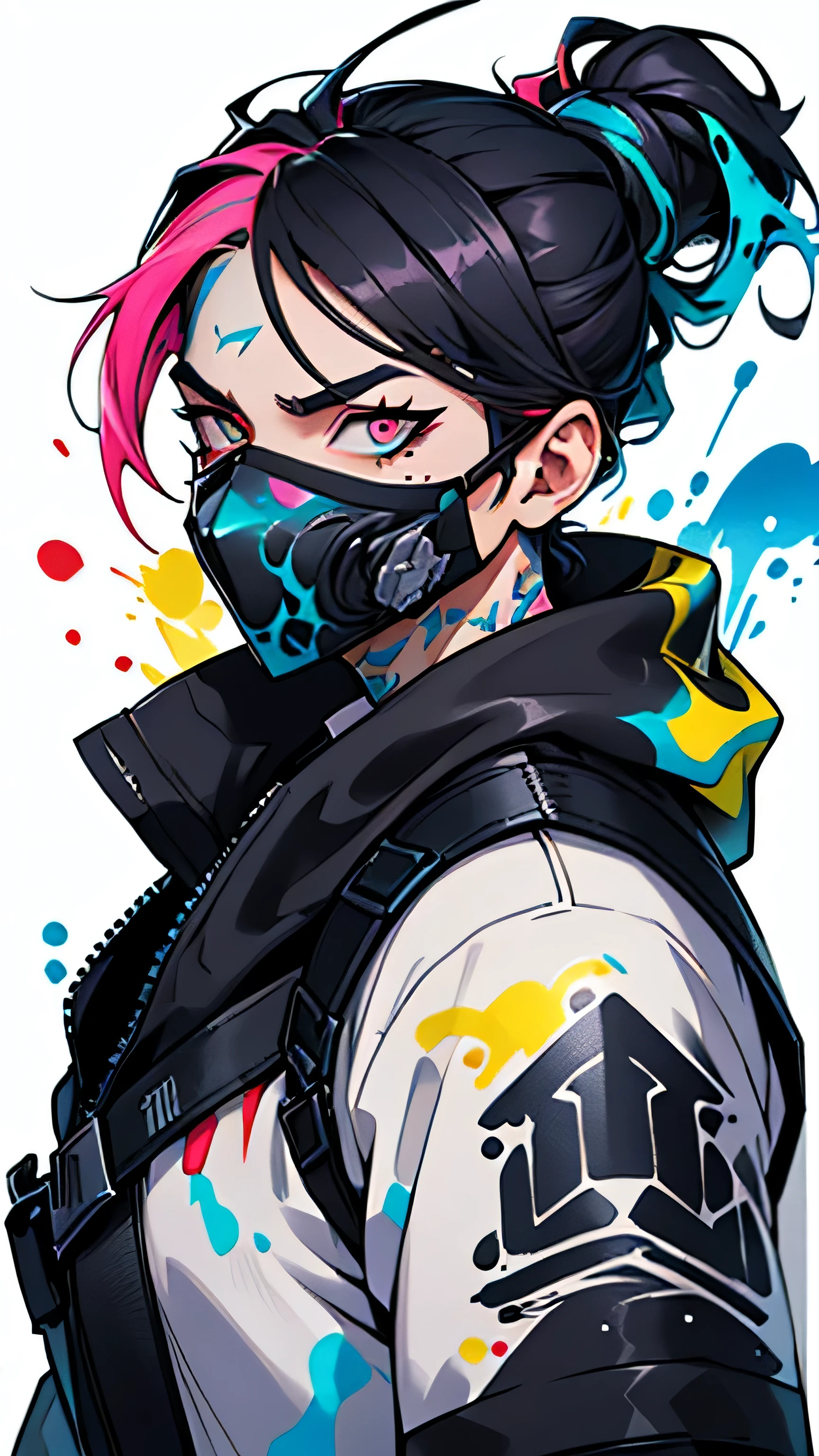 splash art, fortnite style, portrait poster, ((white background)), ((colorful ink splash style:1.5)), contour, Super detailed intricate details, unreal engine, wonderful, intricate details, splash screen, complementary color, fantasy concept art, 8K resolution, ninja, strange eyes, paint, face guard, assassin, please wear a mask, face mask, Scleral mismatch, mismatched pupils, Scleral mismatch, Hmm, highest quality, 8k