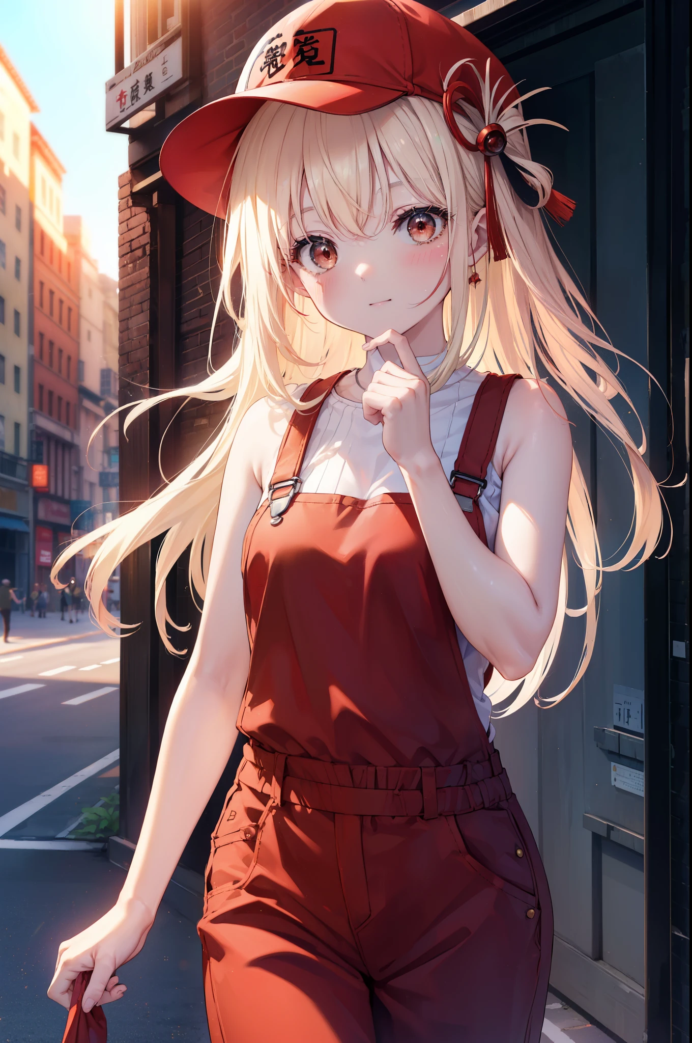 chisatonishikigi, nishikigi chisato, long hair, bangs, blonde hair, (red eyes:1.5), one side up,smile,blush,baseball hat,bare arms,red sleeveless tank top,Overalls with one handle coming off,sneakers,noon,Light of the sun,
break outdoors, In town,building street,
break looking at viewer, (cowboy shot:1.5),
break (masterpiece:1.2), highest quality, High resolution, unity 8k wallpaper, (figure:0.8), (detailed and beautiful eyes:1.6), highly detailed face, perfect lighting, Very detailed CG, (perfect hands, perfect anatomy),