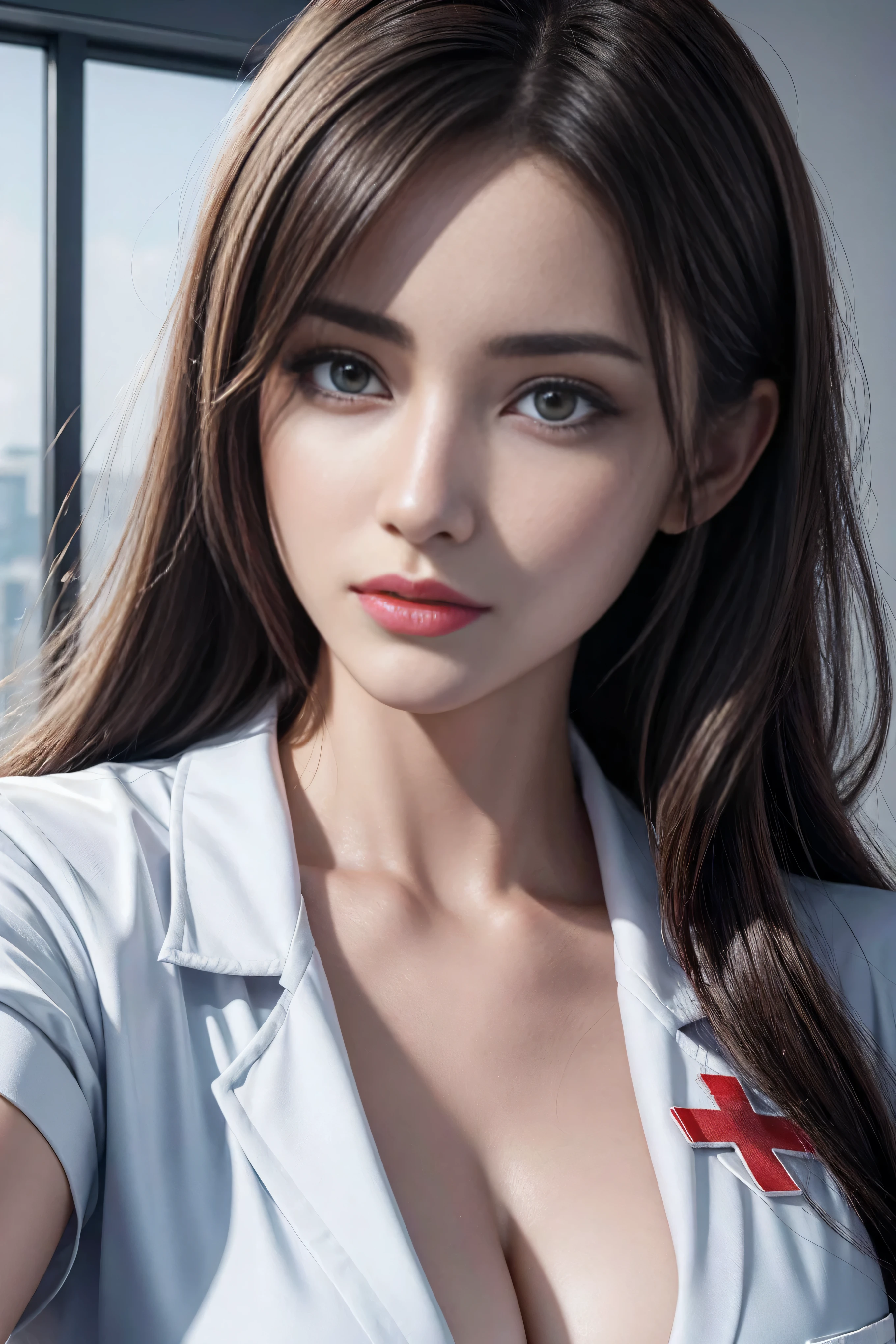 Realistic beauty nurse, lab coat , 8k, Perfect body,perfect face,perfect hands,perfect hands指,perfect breasts,perfect hair,perfect image, realism, detailed, highest resolution hyperrealism vector image ray tracing octane render