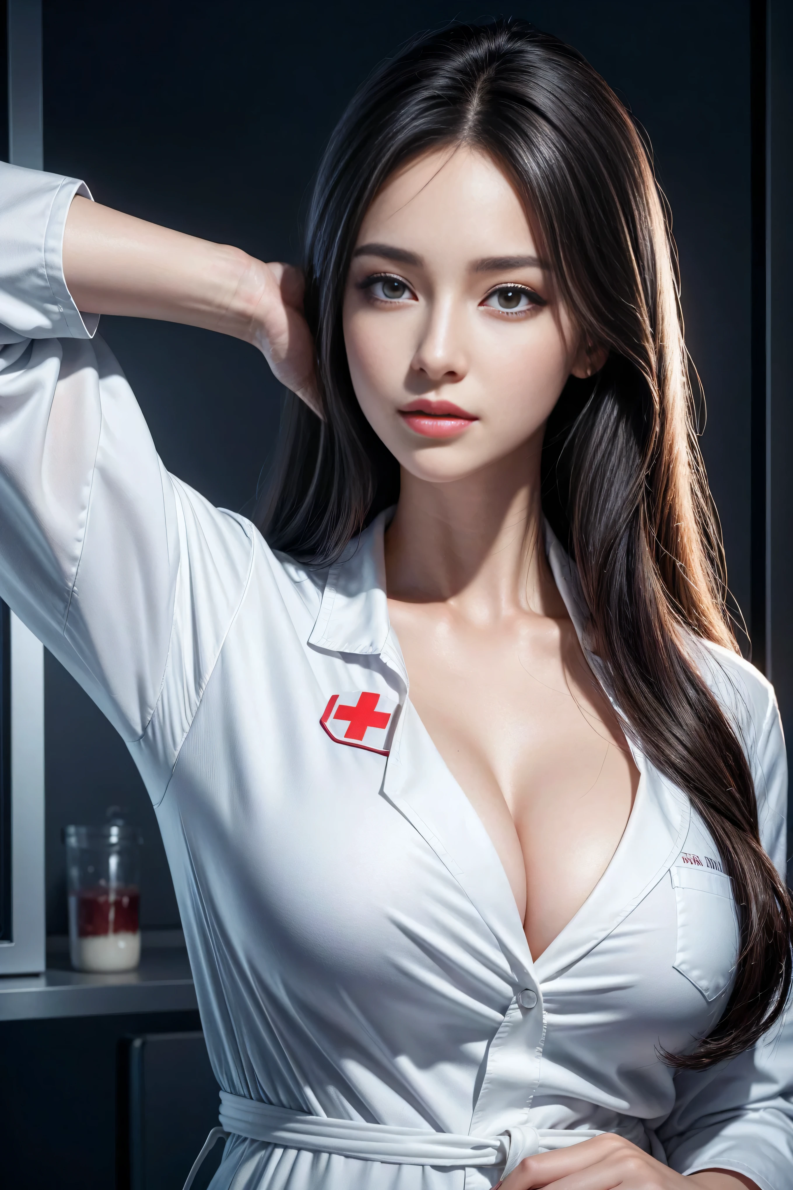 Realistic beauty nurse, lab coat , 8k, Perfect body,perfect face,perfect hands,perfect hands指,perfect breasts,perfect hair,perfect image, realism, detailed, highest resolution hyperrealism vector image ray tracing octane render