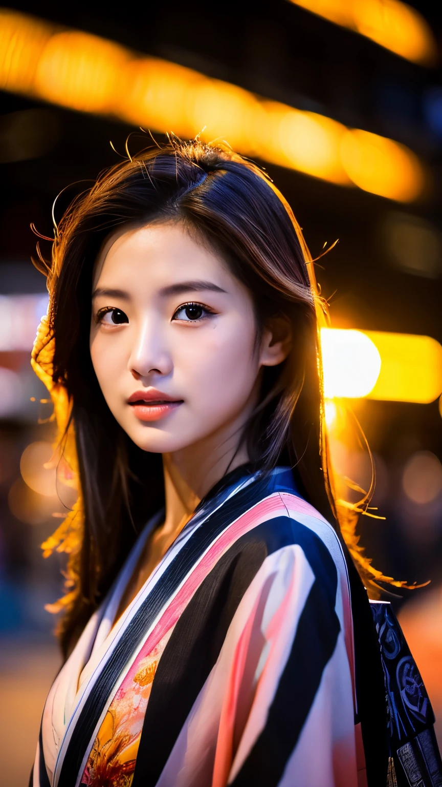Beautiful Japanese supermodel woman, A lock of hair with slight highlights, black eyes, mixed media, Sexy,street background,Gorgeous kimono , Liquid color flows across her face, Sunset,Photo by Wang Luodan,god of wealth