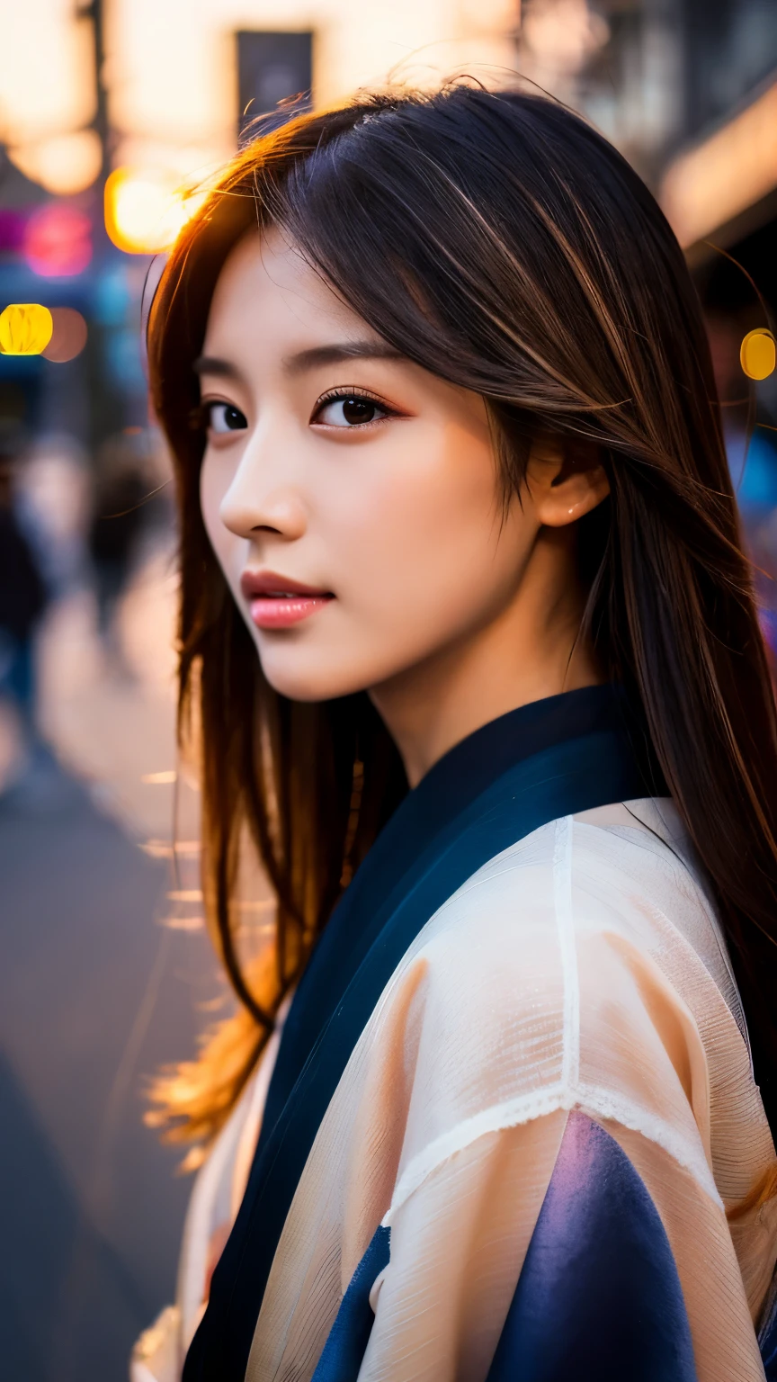 Beautiful Japanese supermodel woman, A lock of hair with slight highlights, black eyes, mixed media, Sexy，street background，Gorgeous kimono , Liquid color flows across her face, Sunset，Photo by Wang Luodan，god of wealth