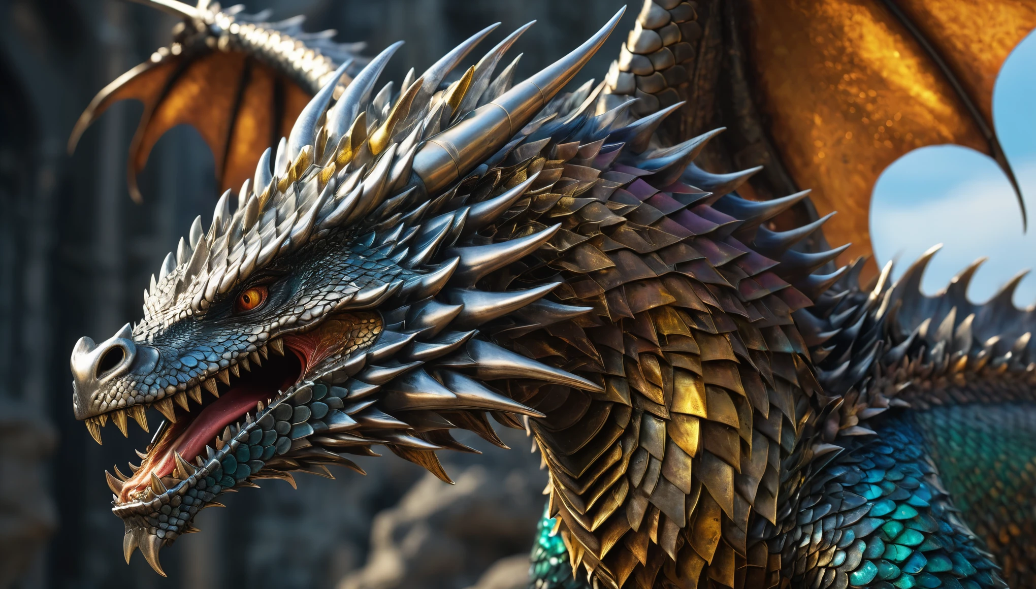 A fearsome dragon, scales gleaming like burnished steel, wings outstretched and teeth bared in a ferocious roar, rendered in the intricate Metalheart style with metallic textures and mechanical details. hyper realistic, 8k, vibrant colors, sharp crisp image