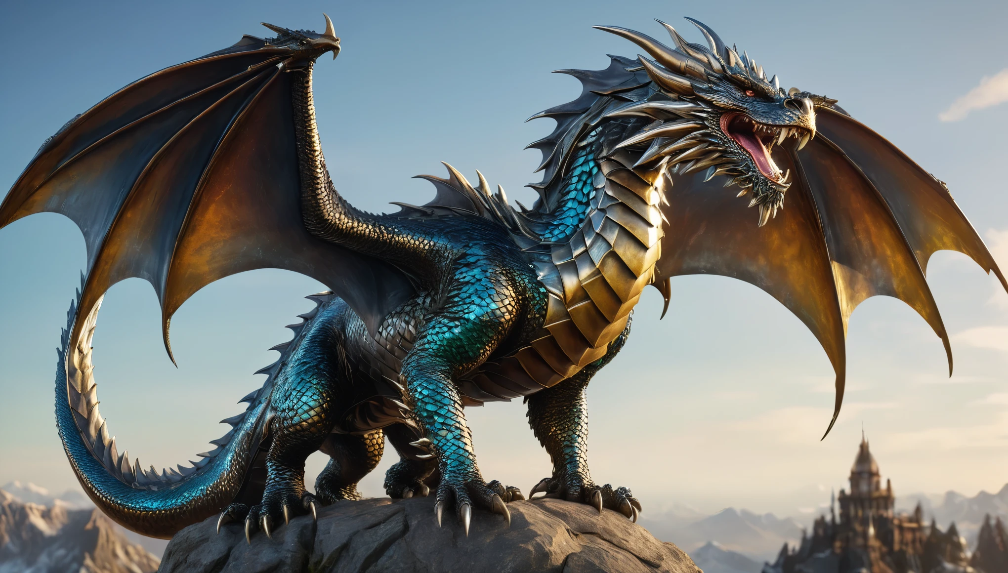 A fearsome dragon, scales gleaming like burnished steel, wings outstretched and teeth bared in a ferocious roar, rendered in the intricate Metalheart style with metallic textures and mechanical details. hyper realistic, 8k, vibrant colors, sharp crisp image