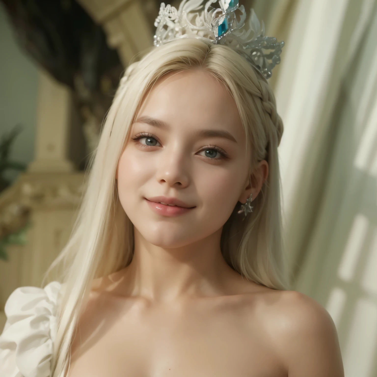 um close up de uma mulher usando uma coroa e um vestido, como uma fada, 4K HD. cabelo branco como a neve, loira, rainha branca, sorrindo como uma rainha, white queen, Ryujin, cabelos brancos, alice in Wonderland.