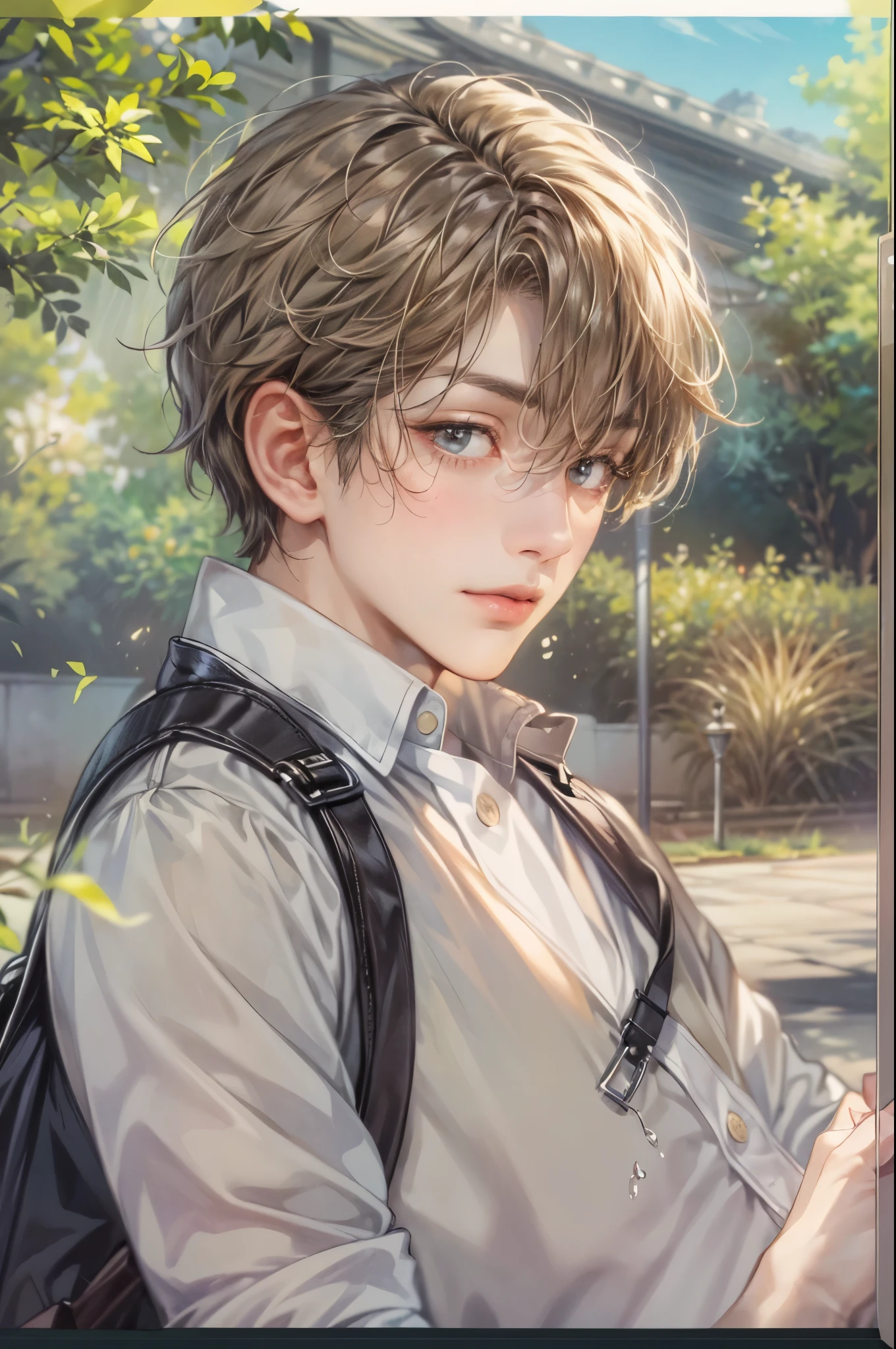 ((Best quality)), ((masterpiece)), (detailed), ((perfect face)), ((halfbody)) handsome face, male, teen boy, perfect proportions , a character from webtoon the liar and his lover, brown short hair, male version , detailed workshop background, detailed scenery background