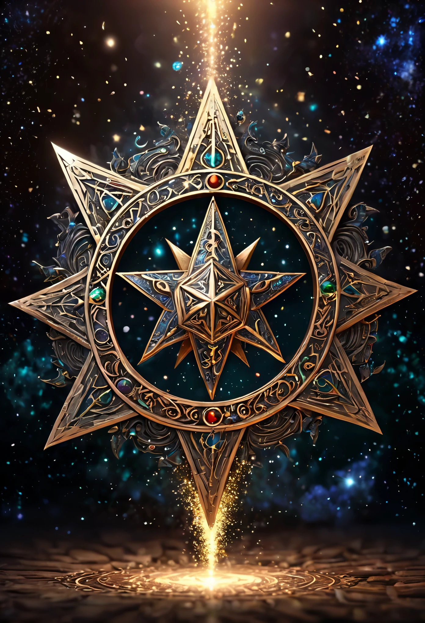 Gorgeous and huge six-pointed star magic circle,Magical runes suspended in the air sparkle like stardust,A dragon head emerges from the center of the magic circle,Open your mouth and growl,8k,Super fine,Super detailed,Rich details,masterpiece,best quality