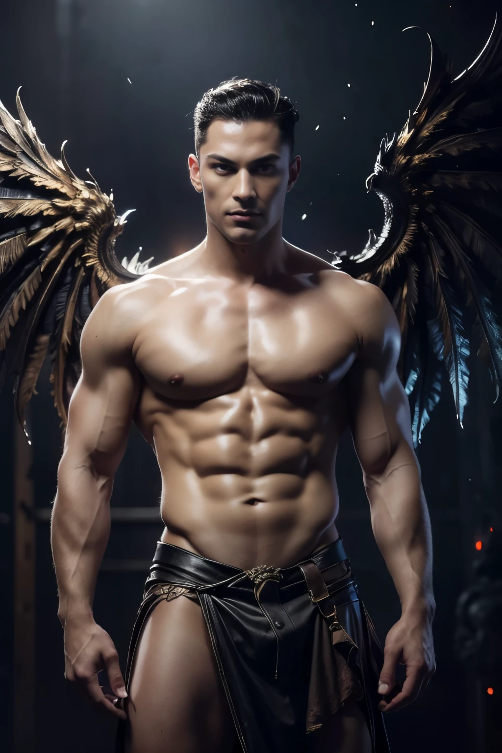 Photorealistic, ((best quality)), ((masterpiece)), (detailed), blue eyes, perfect face, the devil, masculine portrait of the devil, personification of The Devil, (evil look), superr pale skin, massive huge majestic black angel wings, black dragon horns, 18-year-old, super male model, handsome, tall, cute looking, evil look, dark look powerful, young male model, handsome mythical creature, super strong, muscular, fit, massive muscles, six pack, clean shave, . wavy messy brown hair, short messy hair, messy wavy hair, (buz cut hair:1.4), shirtless, barechested, muscle, ripped, strong body, fit body, ancient linen Greek small skirt, antique black linen raped cloth skirt, (Dark background:1.9) 8k, high detailed, ultra-detailed, Stylish Pose, real skin texture, dark cinematic lighting, ruins gothic cathedral, ruins, hell fire, infernum, coal fire,