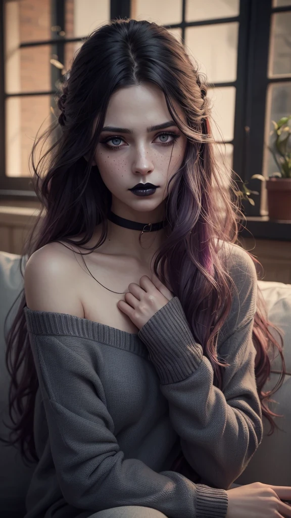 ((best quality: 1.5)) ((masterpiece: 0.8)), intricate details, sharp focus, professional, real life, realistic representation of the face, dynamic pose, in the style of realistic and hyper detailed renderings BREAK ((detailed middleaged woman, (((soft loose gray sweater, fingerless gloves, [black hair:purple hair:0.1], messy frizzy hair, ((([flat chest:medium breasts:0.8])))), lounging, couch, night, dim lighting, firelight, looking away, (((black sweatpants, off shoulder, dark gothic makeup, black lipstick, frustrated, RAW)), iceblue eyes))), freckles: 0.6)), photorealistic, hyper-realistic, 8K