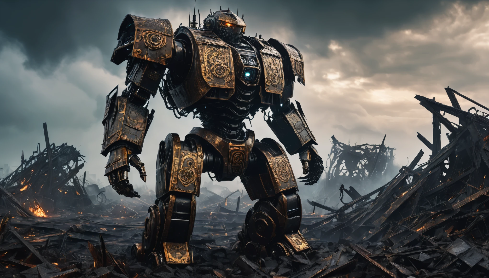 A colossal robotic juggernaut, armor plating etched with circuitry patterns and ominous runes, towering over a smoldering wasteland strewn with twisted wreckage, captured in the merciless Metalcore style. hyper realistic, 8k, vibrant colors, sharp crisp image