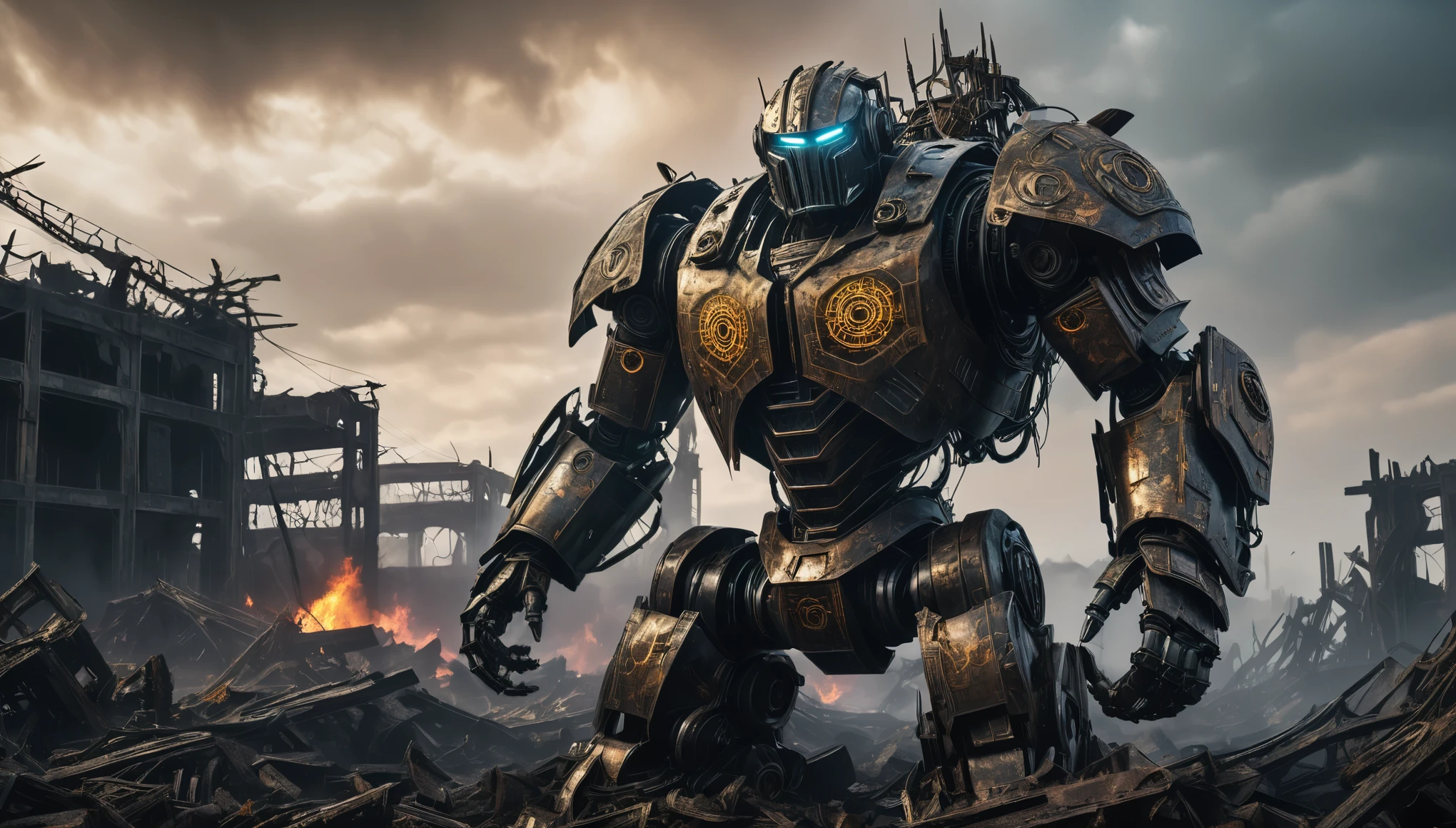 A colossal robotic juggernaut, armor plating etched with circuitry patterns and ominous runes, towering over a smoldering wasteland strewn with twisted wreckage, captured in the merciless Metalcore style. hyper realistic, 8k, vibrant colors, sharp crisp image