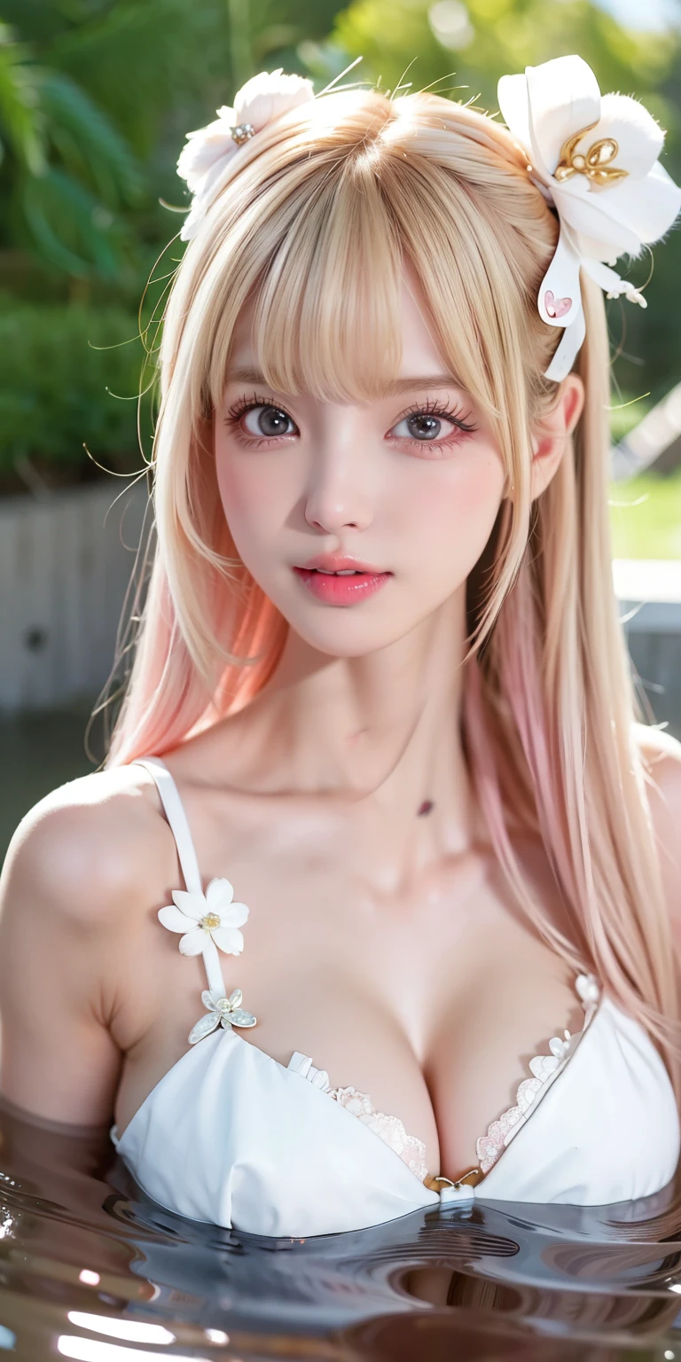 (8k, 4k, best quality, highres:1.2), (maasterpiece, realistic, photo realistic:1.37), 1girl, solo, beautiful face, eyelashes, nose, glossy lips, (detailed eyes, looking at viewer, fair skin, white skin:1.5), fine complexion, upper body,
large breasts, busty,,,
outdoor onsen,
two side up, absurdly long hair, blonde hair, pink hair, bangs, hair ornament, bow,
younger, aged down,