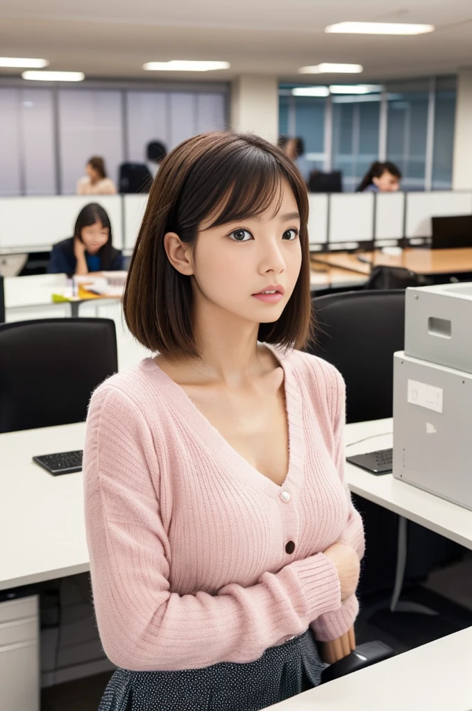 ( (realistic:1.55), (RAW photo, 8k:1.2), (超realistic), (highest quality, 8k, 16k, table top, ultra hd), (masterpiece:1.2) ), (Improvement of quality:1.4), (very beautiful facial details), (highest qualityのリアルな質感の肌:1.4), (perfect anatomy:1.2), office lady, precise fingers, Super detailed, symmetrical eyes, front shot, view audience, 1 Lady, 30 year old supermodel, sit on a chair, natural makeup, ((highly detailed eyes:1.3)), (tired, sleepy and satisfied:0.0), (fine lips:1.33), (fine nose:1.2), ((chromium:1.3)), ((wearing a white blouse:1.2)), ((pink cardigan, floral skirt)), (inside the office:1.8)), ((Desk computer:1.6)), Hang the name holder around your neck, because I'thin:1.2, Small buff), (thin:1.2, slim lower body), brown hair, (short hair:1.37), serious face, professional lighting, epic and emotional movie lighting,