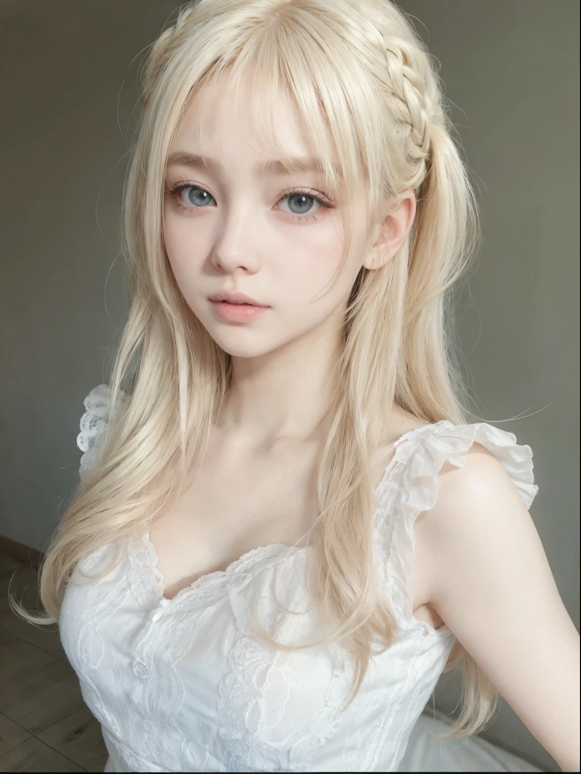 blonde girl with long hair and pink bow in white dress, longos cabelos brancos e franja, penteado com corte hime branco, pale pele branca de porcelana, pale milky white porcelain skin, com cabelos longos brancos, com longos cabelos brancos, franja branca, cabelo loiro extremamente claro, com cabelo branco, pele branca de porcelana, garota de anime na vida real, cabelo claro, garota de cabelos brancos perfeita