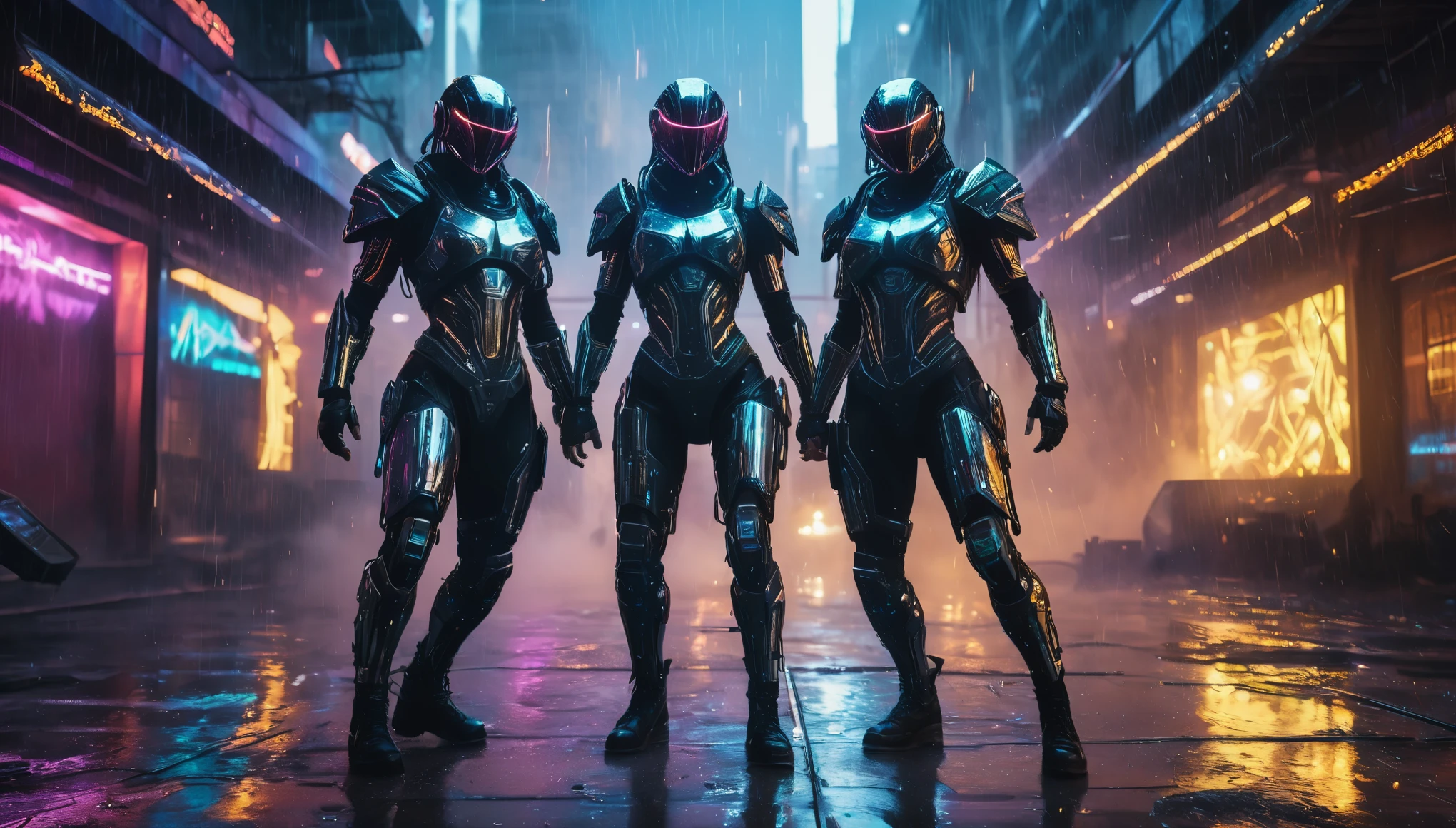 Twin cybernetic assassins, bodies augmented with sleek armored plating and glowing tech implants, engaged in a deadly dance amid showers of sparks and shrapnel, portrayed in the unrelenting Metalcore manner. hyper realistic, 8k, vibrant colors, sharp crisp image