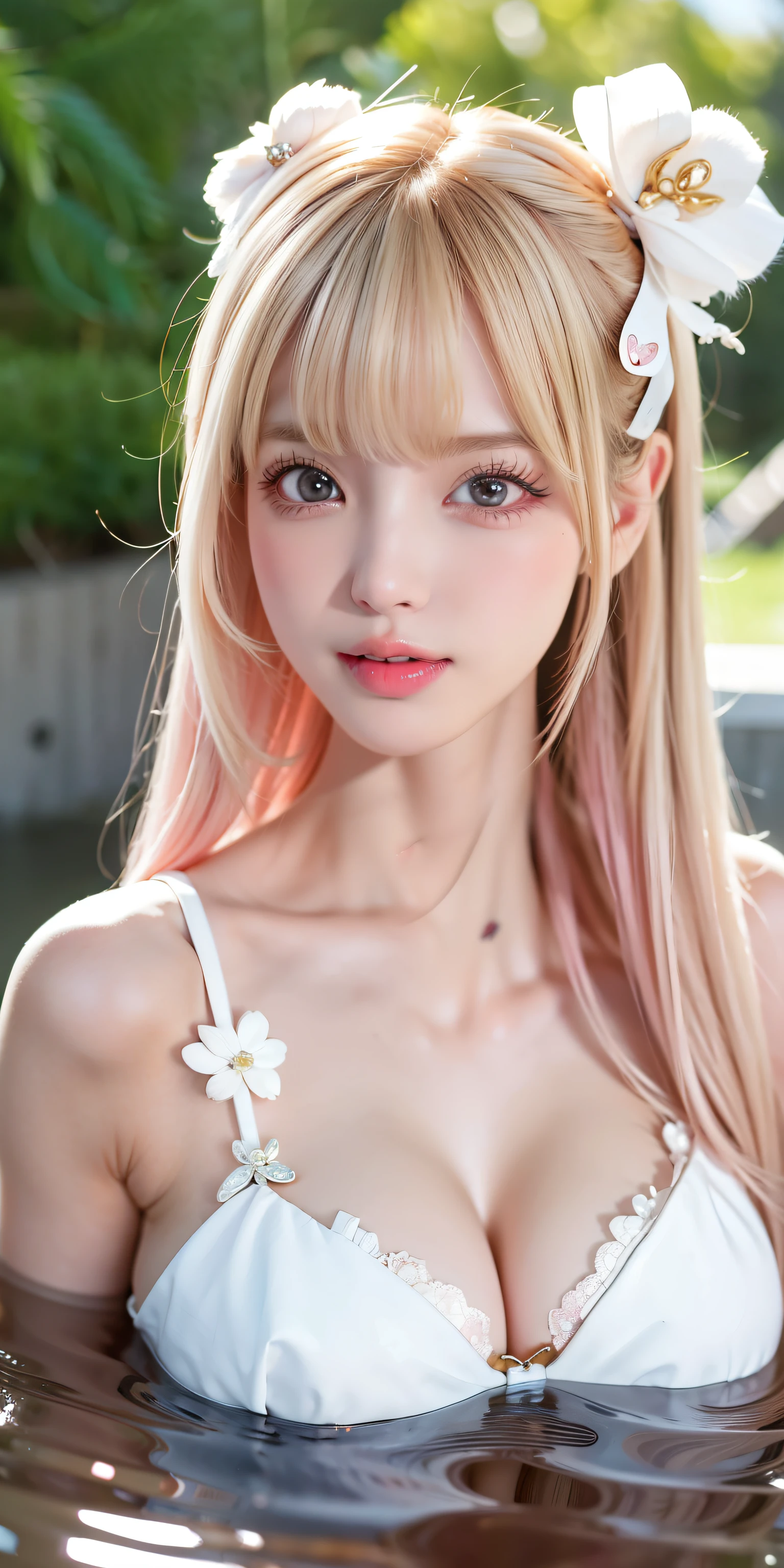 (8k, 4k, best quality, highres:1.2), (maasterpiece, realistic, photo realistic:1.37), 1girl, solo, beautiful face, eyelashes, nose, glossy lips, (detailed eyes, looking at viewer, fair skin, white skin:1.5), fine complexion, upper body,
large breasts, busty,,,
outdoor onsen,
two side up, absurdly long hair, blonde hair, pink hair, bangs, hair ornament, bow,
younger, aged down,