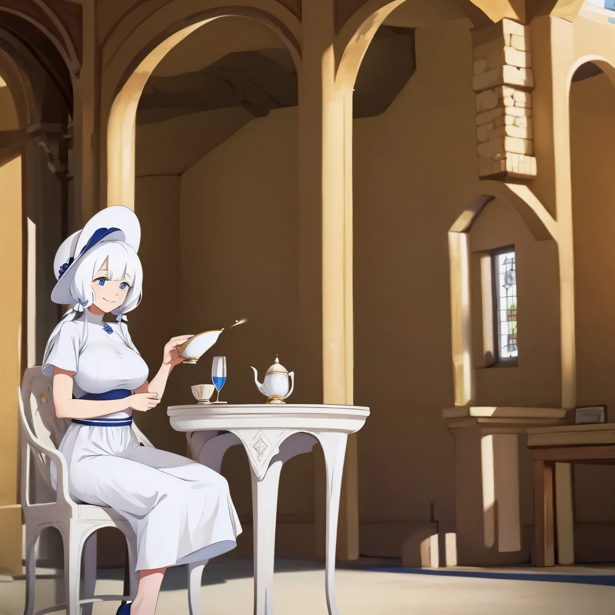 a woman with a white dress, white hat, white hair, blue eyes drinking a cup of tea, smiling, inside a medieval castle.
