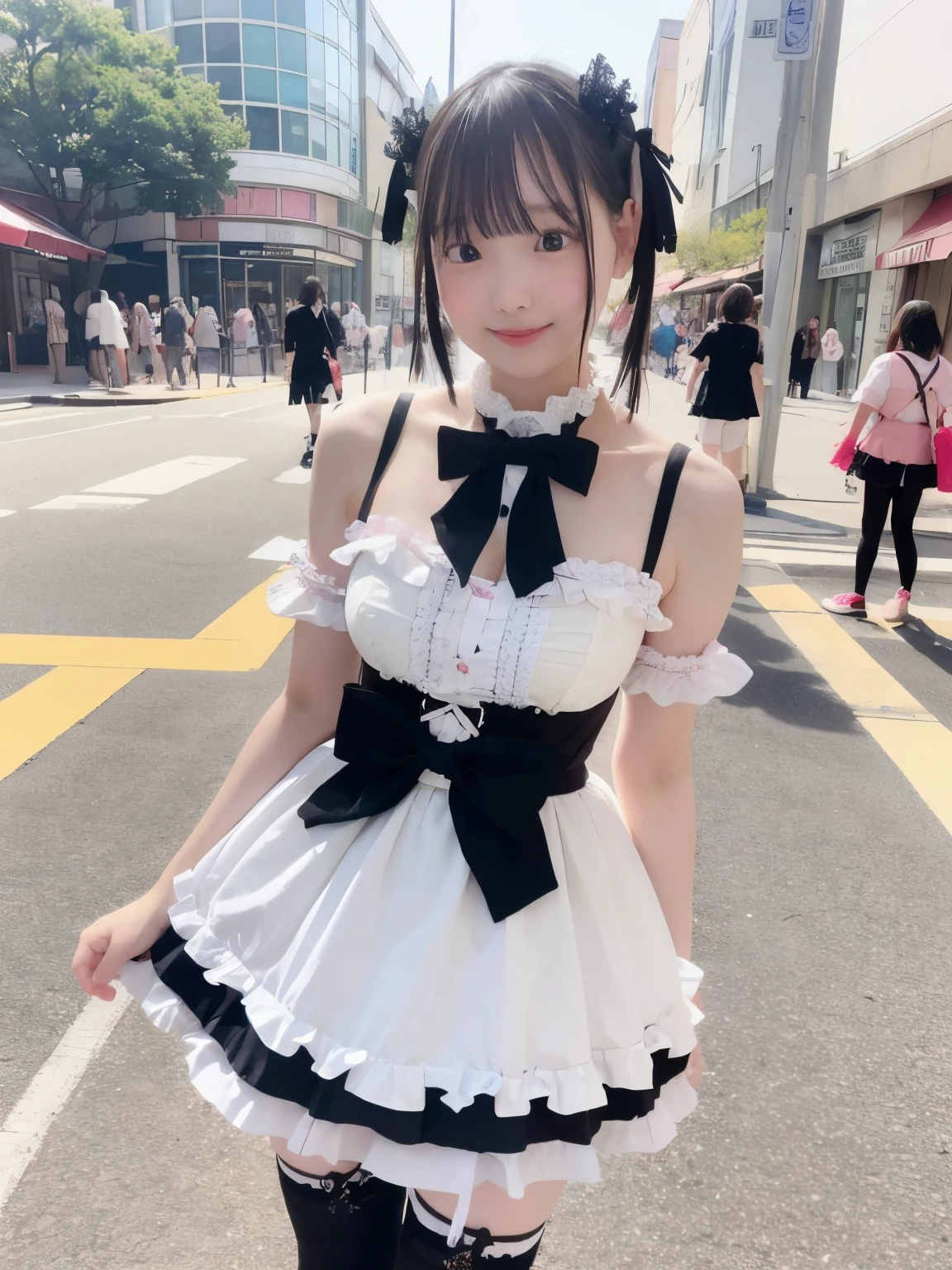 1 girl, alone, (short hair), japanese idol, perfect figure, beautiful eyes double eyelids, lolita fashion, Colorful pastel color clothes, Downtown like Harajuku, smile, Upper body, blow the wind, Because I&#39;m slender,white knee highs,Full body figure