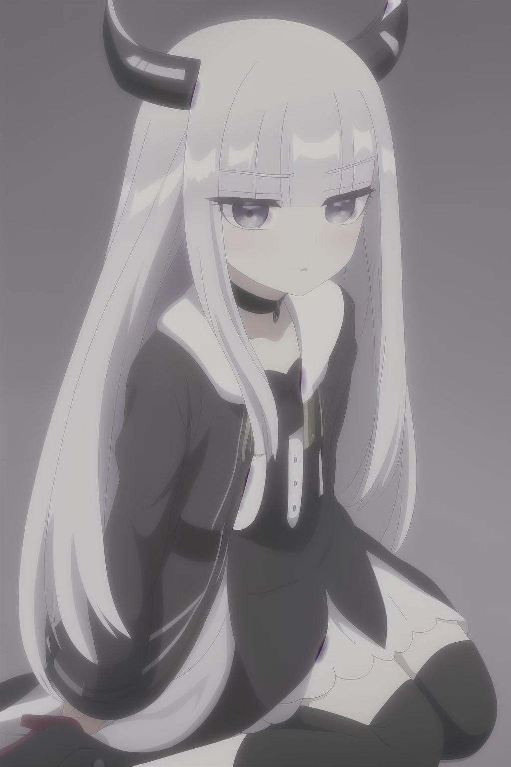 1 cute and short girl, long straight white hair, light eyes, pale skin, (white horns) on the top of her head, elegant black casual dress, black classic women's shoes, diagonal black marks on the skin, bangs, strand of hair in the middle of her face between the eyes
