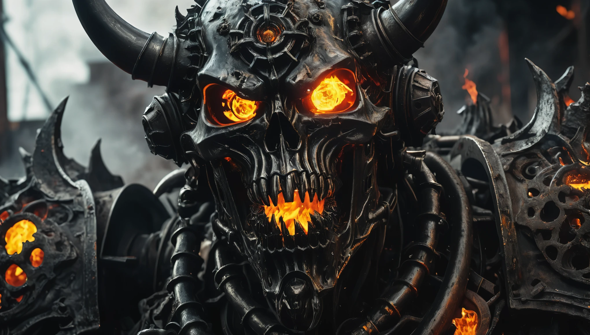 A demonic engine of destruction, infernal armor forged from blackened steel and smoldering brimstone, hellfire raging in its hollow eye sockets, created in the punishing Metalcore style of harsh lines and brutal industrial might.  hyper realistic, 8k, vibrant colors, sharp crisp image