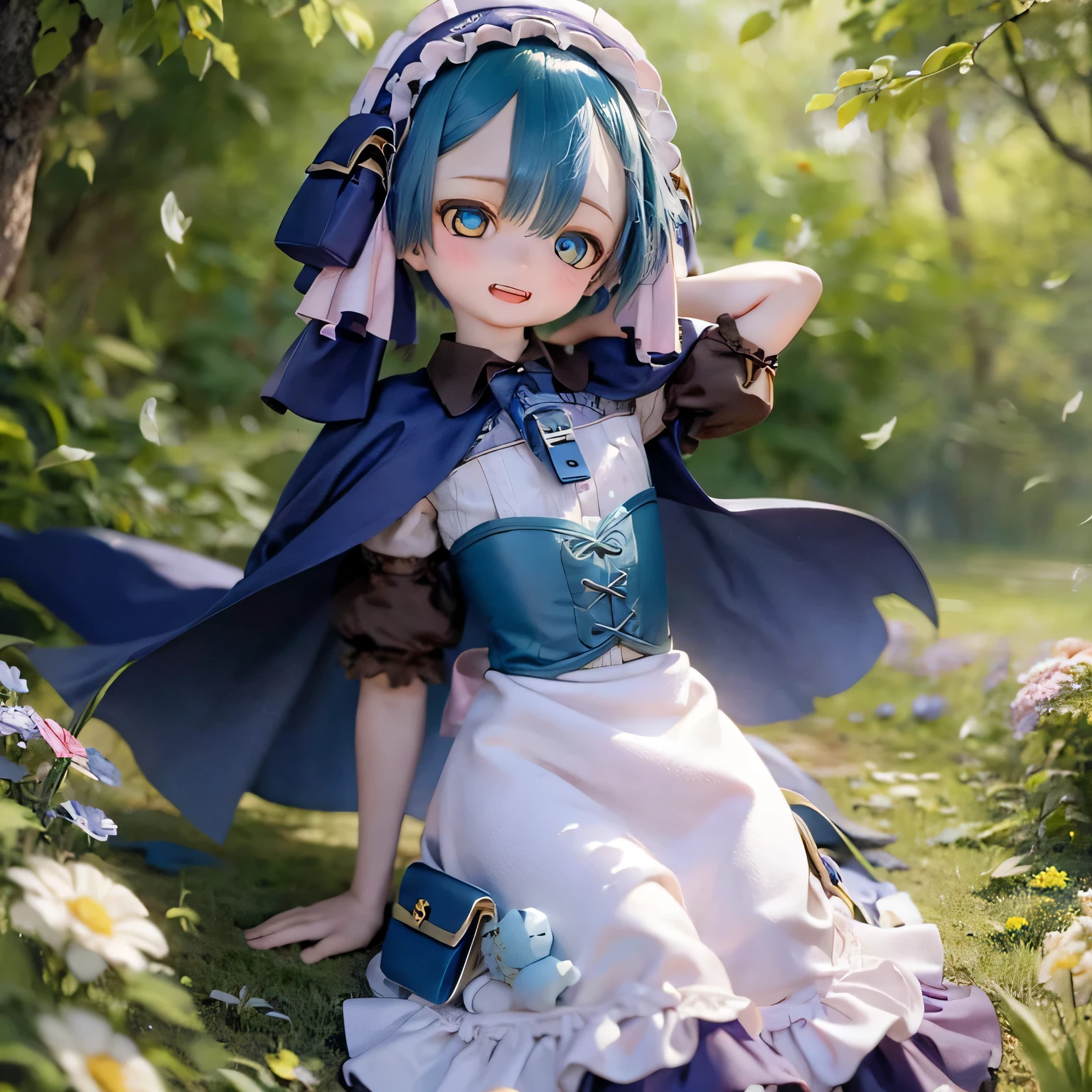 (highest quality, High resolution, masterpiece:1.2),super detailed,realistic:1.37,Maluluk from Made in Abyss,detailed and beautiful eyes,dense and beautiful lips,highly detailed eyes and face,long eyelashes,blue hair,curly hair,innocent look,smiled a little,white dress,Vibrant flowers in a lush garden々Standing in the,Butterflies are flying around,Soft sunlight illuminates her,emerald green grass,petals scattered on the ground,The endless blue sky in the background,A breeze rustling through her hair.