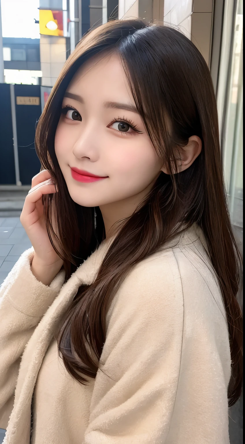 table top, highest quality, shape, Super detailed, finely, High resolution, 8k wallpaper, 完璧なダイナミックな構shape, beautiful and detailed eyes, Gorgeous black fluffy Tokyo winter clothes,ランダムなcute髪,,natural color lip, bold sexy pose,smile、20 year old girl、cute、sexy shot looking at camera,Always blur the background,perfect and beautiful face,Take only the face,beautiful and detailed face、slim face and style,Big eyes、do gal makeup,small face,Wearing a luxury brand mink coat