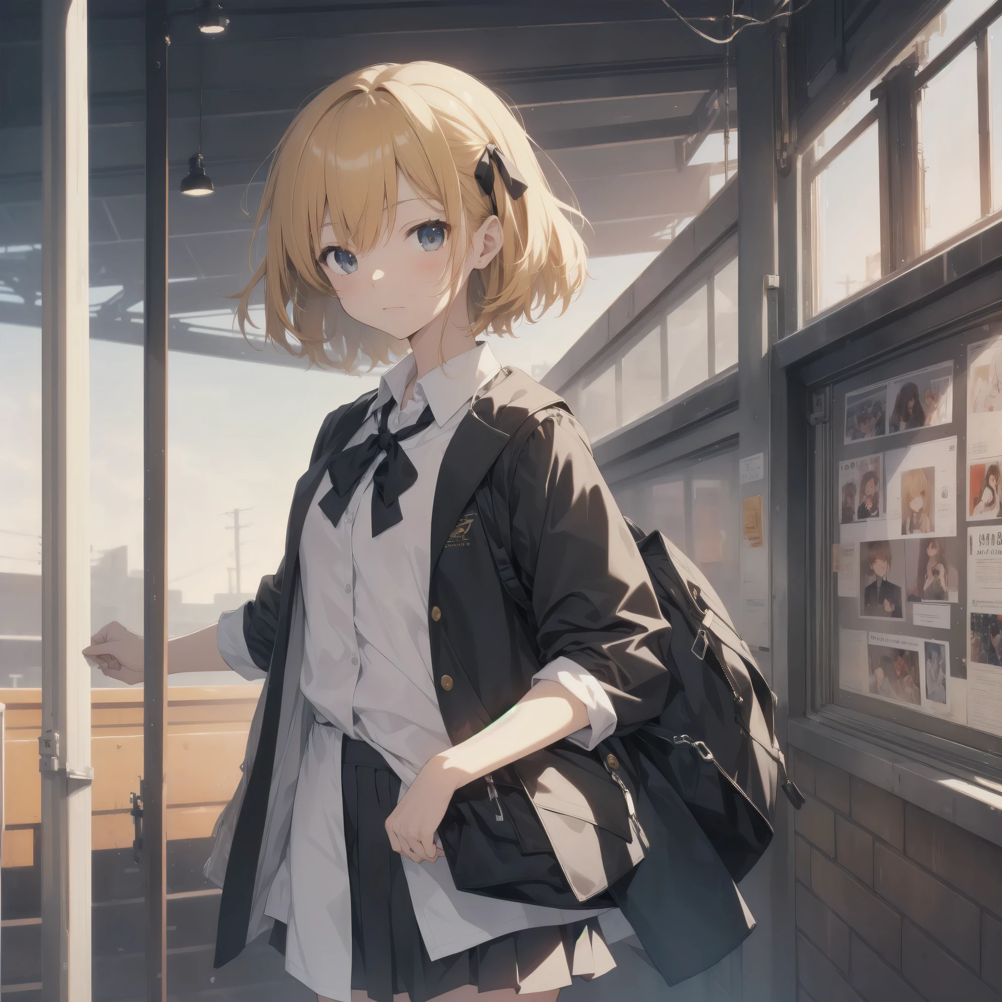 Super absurd quality by the god of art, super detailed, High resolution, anime moe art style, Best Anime 8K Kona-chan Wallpaper, pixiv contest winner, perfect anatomy, break,(眠そうにalone学校へ行く女の子を描いてください. )break,1 girl, (alone,little woman, baby face, 13 years old:1.3),All limbs, full finger,, The charm of an immature body, (very_short hair), Bang, flat chest, small ass, between legs, small black eyes, detailed and beautiful eyes, Well-proportioned iris and pupils, expressive eyes, sleepy eyes, High resolutionの詳細な髪, neck ribbon, shirt, collared shirt, skirt, pleated skirt, school uniform, school bag,(detailed lighting), (detailed background), On the way to school. break,super dense skin, Best cinematic lighting powered by famous artist, 8k,Beauty Illustration,photoshop_(Moderate),Absurd Hi-Res,Hmm,rough skin,break,((artist:mifuru)), artist:Fujichoko,artist:Ixy,artist:hanekoto