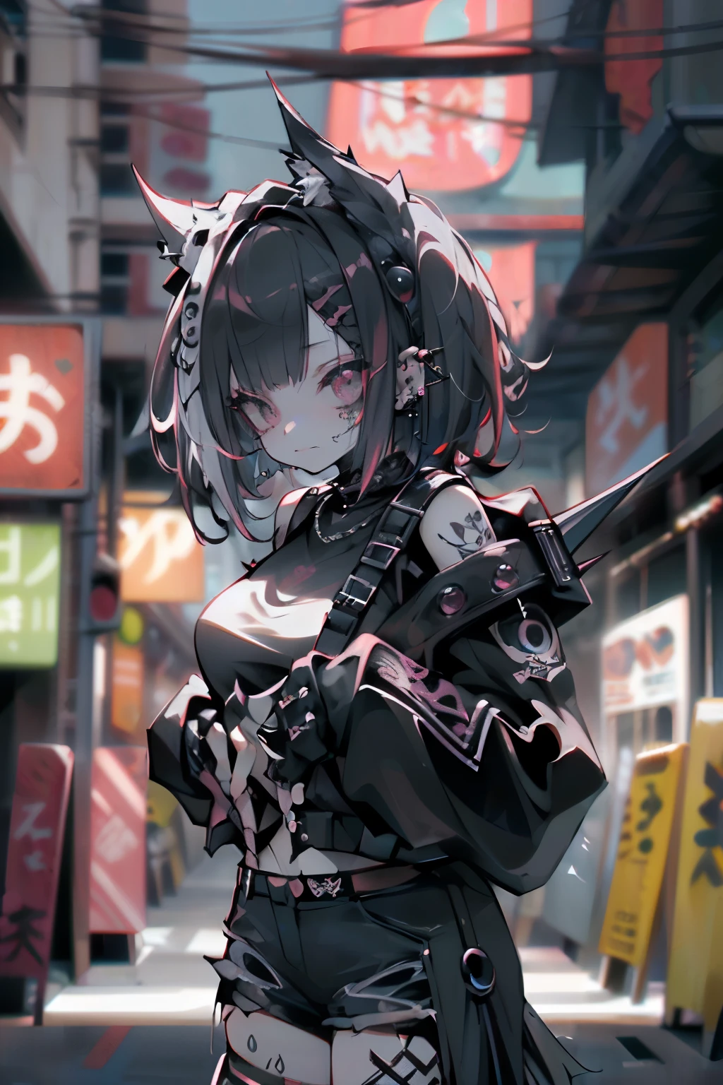 straight fadecut haired, Punk Girl, Without mohawk sleeves, The tattoo, head phone, 🎧, goth_punk, 1girl in, solo, medium shot, Walking in Harajuku, ((during night)), bokeh dof, Neon light, Iridescent eyes, gray eyes, red glowing hair, Black eyebrows, Radiant hair, (iridescent red hair), lots of earrings, labret, facial piercings, bangs, jewelry, masks, blunt bangs, Mouth mask, blurry background, blurry, hair adornments, Look at viewers, short hair, portraitures, side look, goth, (masterpiece), (Portrait), (Aesthetic), (Beautiful), (upper body), (High quality), (aesthetic clothings), (professional angle), (thirds rule), (Feminine), (Woman), (Female), (Beautiful), (Feminine features), (25-years old), Solo, 1 woman, (Charming punk girl), Dramatic light, ((Playing guitar)), (Standing), Edgy makeup, (huge breasts), (Front face), (Defiant expression), ((defiance)), (Leather jackets and tattoos), ((Short hair)), (dyed (E.G. and pinks) hair), (spiky hair), (Thick hair), matte Shine Hair, (Hair bands scattered in the hair), (gray eyes), (Bold and bold look), (pale skin), (Dark clothes), (Band T-shirt), (Ripped jeans), (-), crew neckline), ((Urban alley background)), (up close shot), Beautiful hands, Two hands, normal hands, Two arms, complete hands, Beautiful body, Beautiful fingers, normal fingers, Five Fingers, Five Fingers, (Thumb index finger ring finger), Beautiful ears, normal ears, Beautiful eyes, shiny eyes, Beautiful mouth, Beautiful lips, tatoos, black gloves,