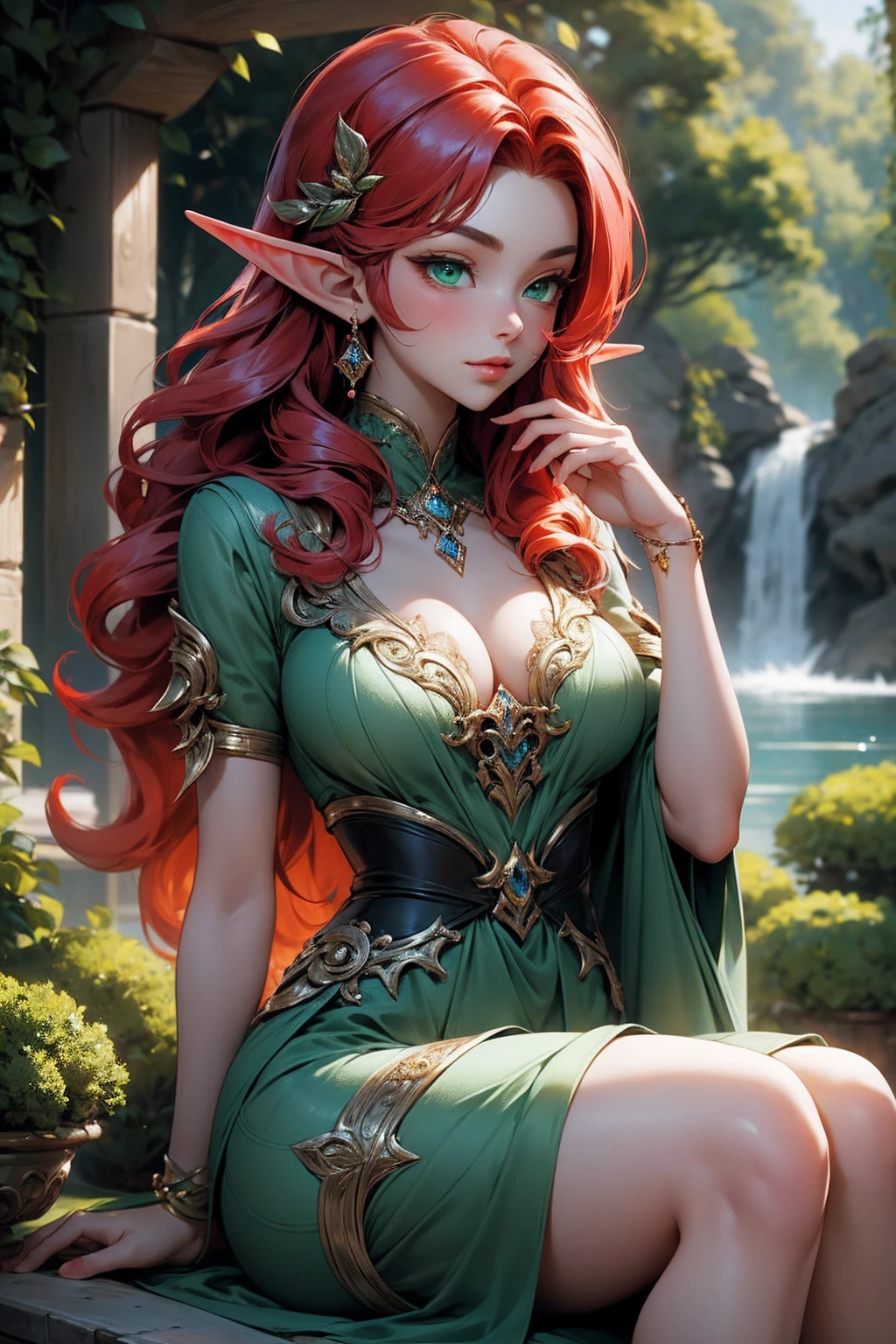 (Masterpiece - Ultra-Detailed, High Resolution) Prepare to be enchanted by a true masterpiece that combines ultra-detailed art with high-resolution rendering. This work shows a mesmerizing and y young elf with very large bred red hair. Green eyes, transparent  dress,  sitting on the gound. Backwards, lookink back, with one finger in her mouth. Get ready to dive into a world where beauty and craftsmanship merge perfectly.