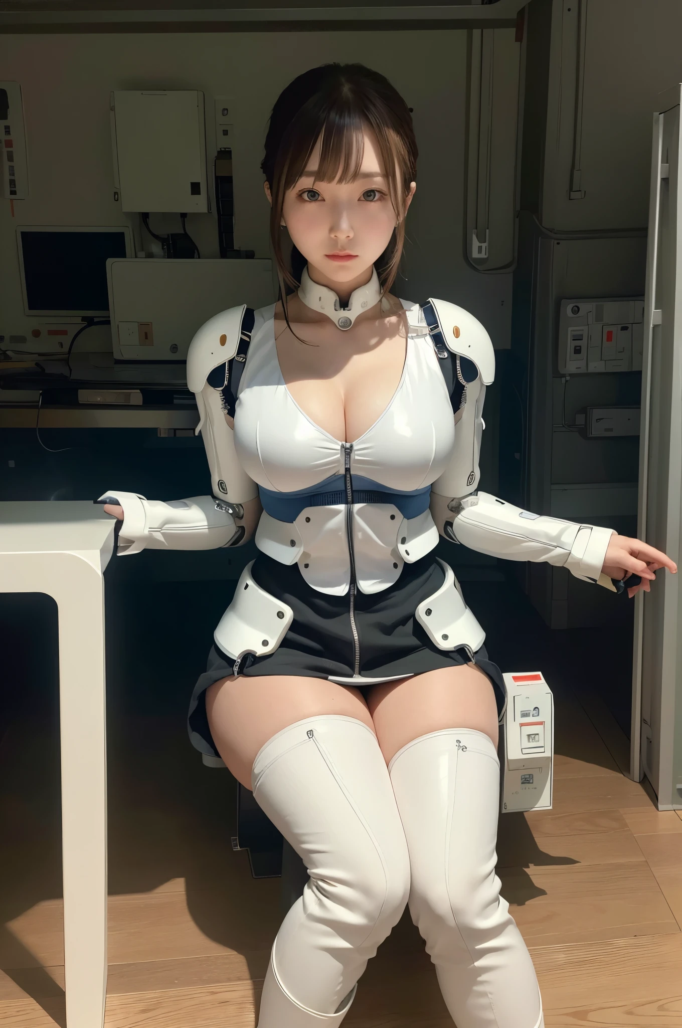 masterpiece, best quality, extremely detailed, Japaese android Girl,Plump,control panels,Mechanical Hand, Robot arms and legs,Mechanical body,Blunt bangs,perfect mechanical abdomen,future laboratory,charging spot,She is sitting the charging spot,laboratory,long tube,thick cable connected her neck, white robot body,The removable cover is in the groin,The connection port is in the groin,assembly plant,miniskirt,leather boots,（blue eyes:1.5）