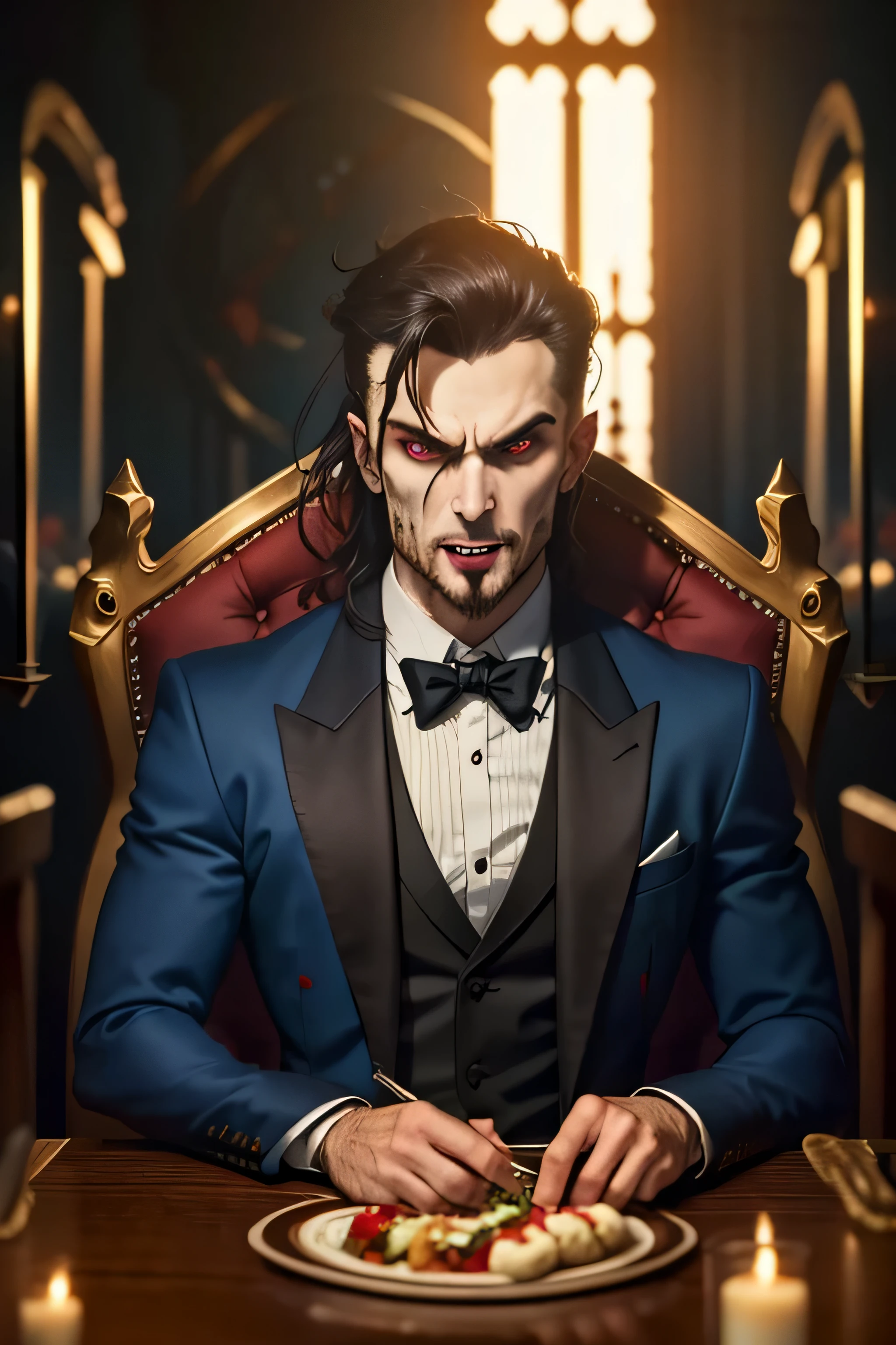 ((melhor qualidade)), ((obra de arte)), (detalhado), Um vampiro com sangue escorrendo pelo canto da boca, vestido com roupa formal, sentado em uma mesa de jantar (olhar maligno)