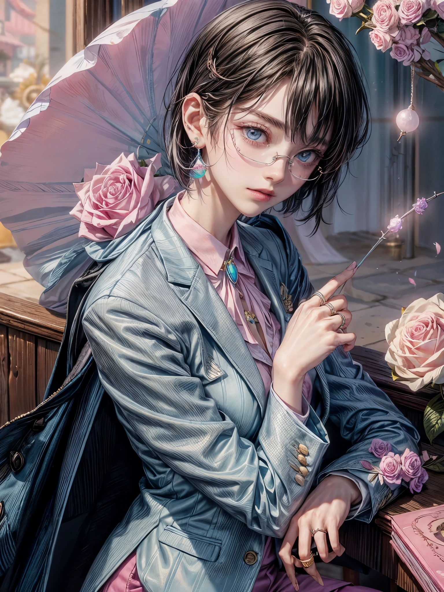 cinematic lighting、highest quality,cyberpunk world、1 female、(25 year old beautiful woman、short hair、black hair、shoulder length hair、blue eyes:1.4)smile、break,short hair、(Glasses:1.5)BREAK.Perfect with pastel colors 🩷🩵 BREAK
(Powder blue blazer:1.4) paired with (cream-colored slim trousers:1.2) and (soft pink loafers:1.3). Accessorized with (a lilac silk scarf:1.1), (opal stud earrings:1.3), and (a rose quartz ring:1.4).
BREAK.Overseas seaside cafe full of emotion