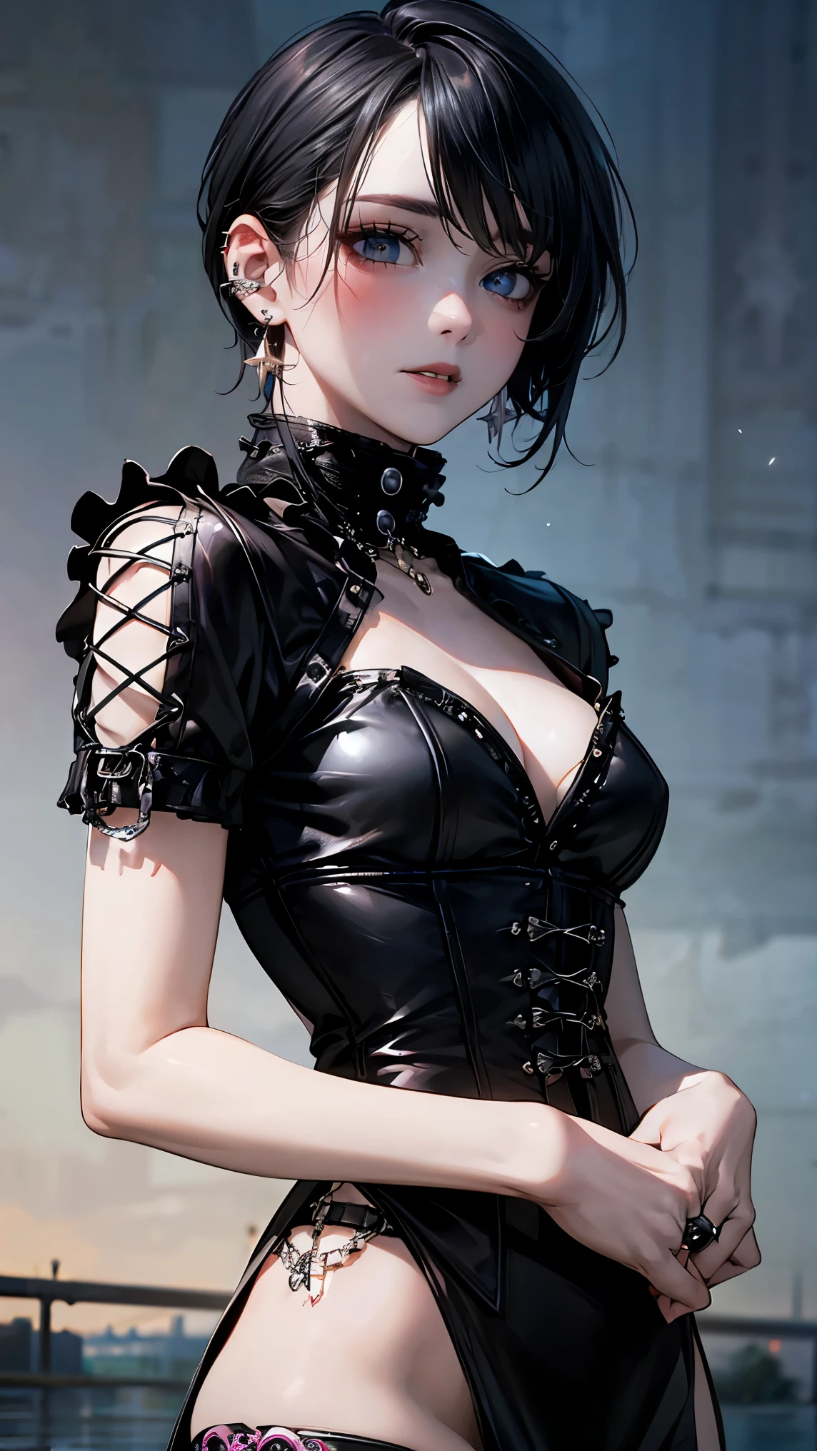 (masterpiece:1.2, highest quality), (realistic, photorealistic:1.4), beautiful illustrations, (natural side lighting, movie lighting),
looking at the viewer, Upper body, (Front view), 1 girl, perfect face, Cute symmetrical face, shiny skin, , long eyelash, (medium breasts), (wide hips:1.2),short cut hair,
beautiful hair, beautiful face, detailed and beautiful eyes, beautiful body, beautiful breasts, beautiful thighs, beautiful feet, beautiful fingers,
(beautiful scenery),(cute smile:1.3, upper eye), 18yo,pale skin,a woman in black corset and goth hair, with piercings, 1girl, solo, black hair, short hair, ring,(pierce:1.5),(punk style:1.5),(gothic dress),(black lips:1.5),
