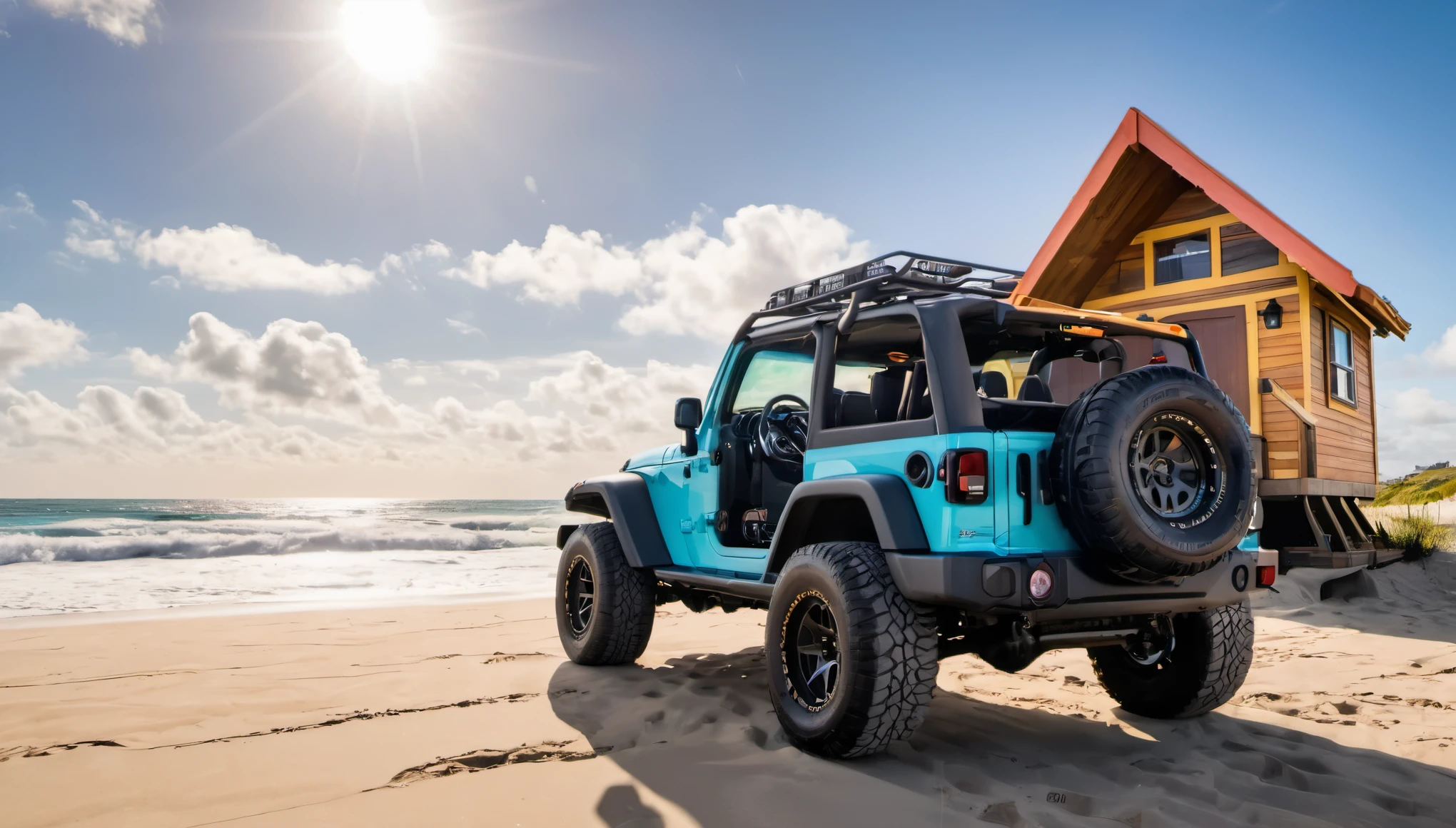 create a photo of an open top Jeep Rubicon with fat oversized tires parked at a futuristic beach hut. The jeep has a surfboard hanging out the back. There is huge waves in the background and it is a sunny day. There is a girl in the drivers seat with headphones and sunglasses on. You can see clouds and a beautiful Sun in the background. There is a girl in the drivers seat with headphones and sunglasses on. 