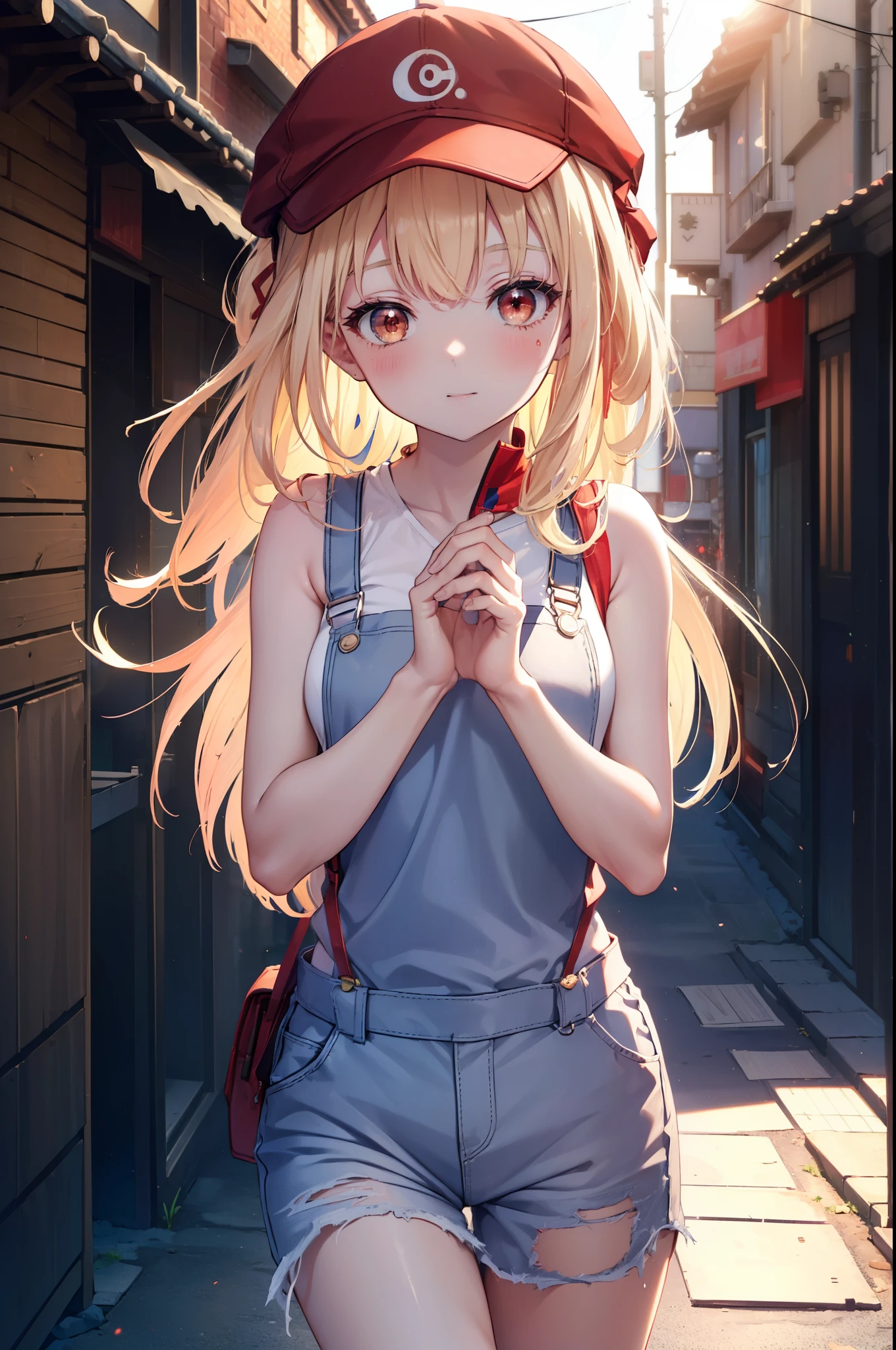 chisatonishikigi, nishikigi chisato, long hair, bangs, blonde hair, (red eyes:1.5), one side up,smile,blush,baseball hat,bare arms,red sleeveless tank top,Overalls with one handle coming off,sneakers,noon,Light of the sun,
break outdoors, In town,building street,
break looking at viewer, (cowboy shot:1.5),
break (masterpiece:1.2), highest quality, High resolution, unity 8k wallpaper, (figure:0.8), (detailed and beautiful eyes:1.6), highly detailed face, perfect lighting, Very detailed CG, (perfect hands, perfect anatomy),