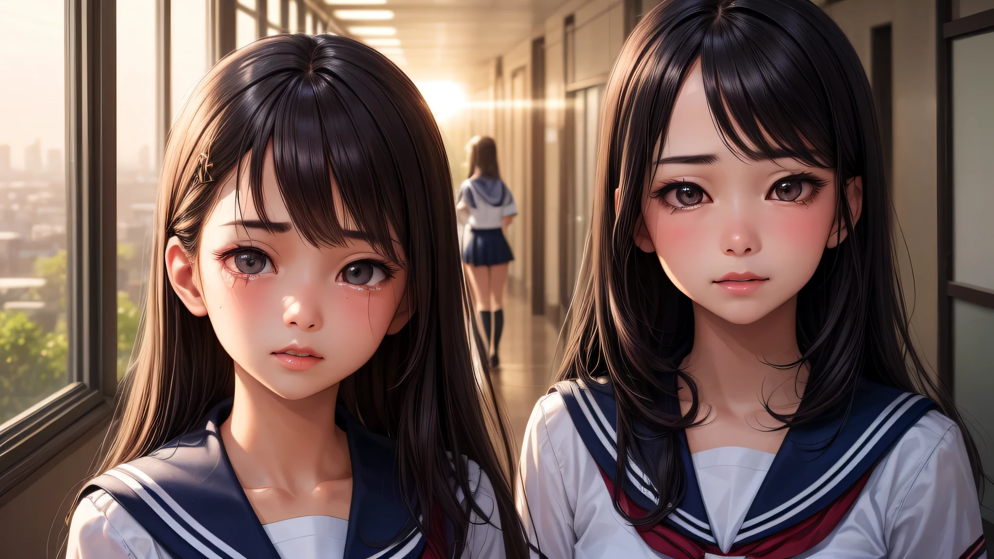 (1girl), brown eyes, air bangs, (highly detailed eyes, highly detailed face), (hyper-realistic, hight resolution), (best Quality:1.4), (high school uniform, pleated mini skirt:1.2), model, Enchanting, Japanese school, Japanese school hallway, alone, tears in her eyes, The setting sun shining through the school hallway,