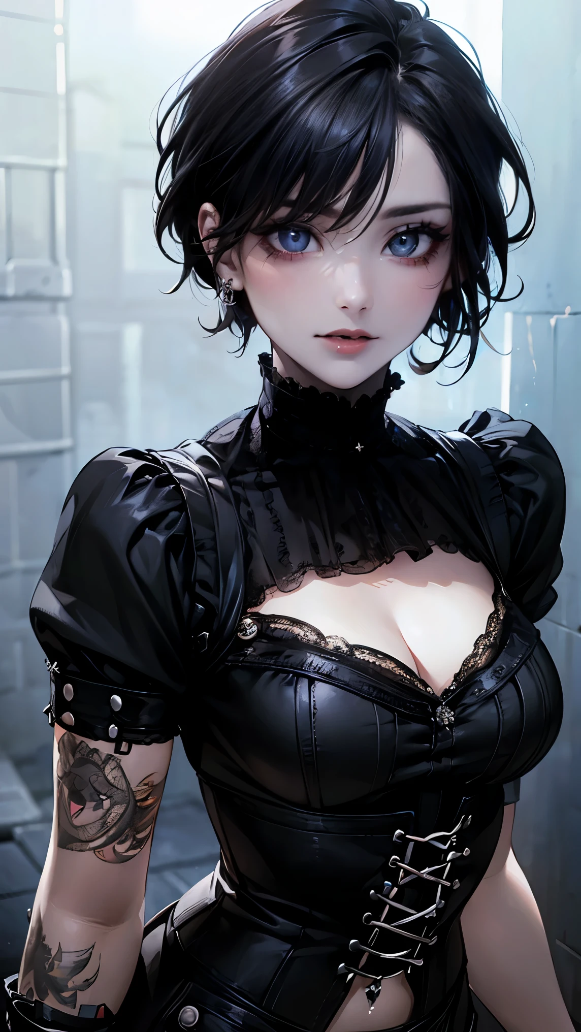 (masterpiece:1.2, highest quality), (realistic, photorealistic:1.4), beautiful illustrations, (natural side lighting, movie lighting), 
looking at the viewer, Upper body, (Front view), 1 girl, perfect face, Cute symmetrical face, shiny skin, baby face, long eyelash, (medium breasts), (wide hips:1.2),short cut hair,
beautiful hair, beautiful face, detailed and beautiful eyes, beautiful body, beautiful breasts, beautiful thighs, beautiful feet, beautiful fingers,
(beautiful scenery),(cute smile:1.3, upper eye), 18yo,pale skin,a woman in black corset and goth hair, with piercings, 1girl, solo, black hair, short hair, ring,(pierce:1.5),(punk style:1.5),(gothic dress),(black lips:1.7),